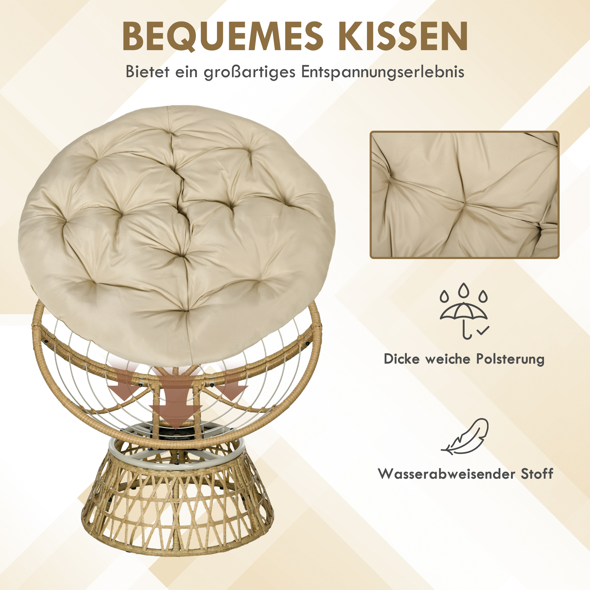 Korbsessel Rattansessel Outdoor-Sessel, Boho-Stil, wetterbeständig, 85 cm x 70 cm x 82 cm, Creme + Natur