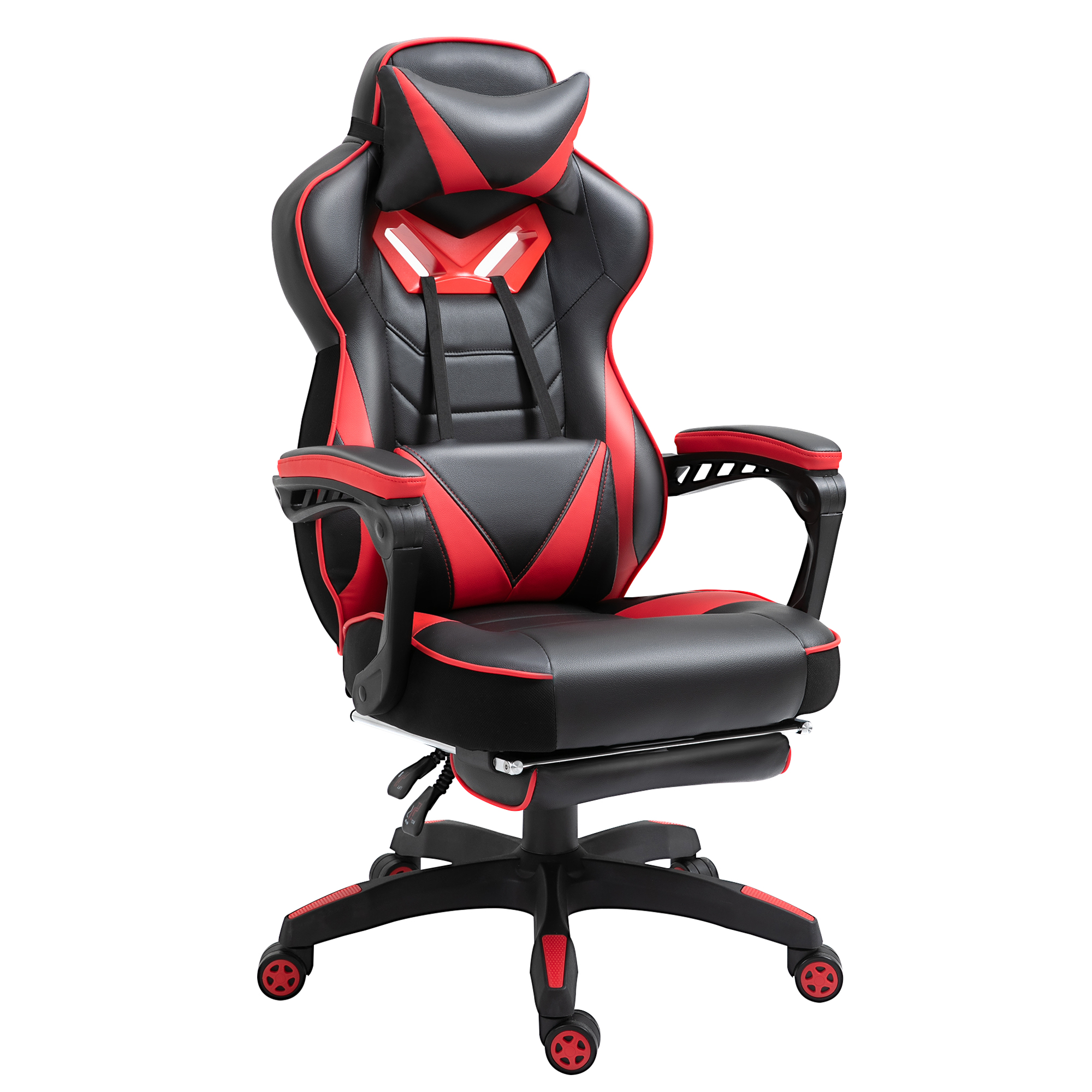 Ergonomischer Bürostuhl, Gaming Stuhl, Drehstuhl mit einziehbare Fußstütze und verstellbarer Rücken Schaumstoff+PU-Leder+Metall, Schwarz+Rot, 65 x 70 x 118,5-128,5 cm Ergonomischer Bürostuhl, Gaming Stuhl, Drehstuhl mit einziehbare Fußstütze und verstellbarer Rücken Schaumstoff+PU-Leder+Metall, Schwarz+Rot, 65 x 70 x 118,5-128,5 cm