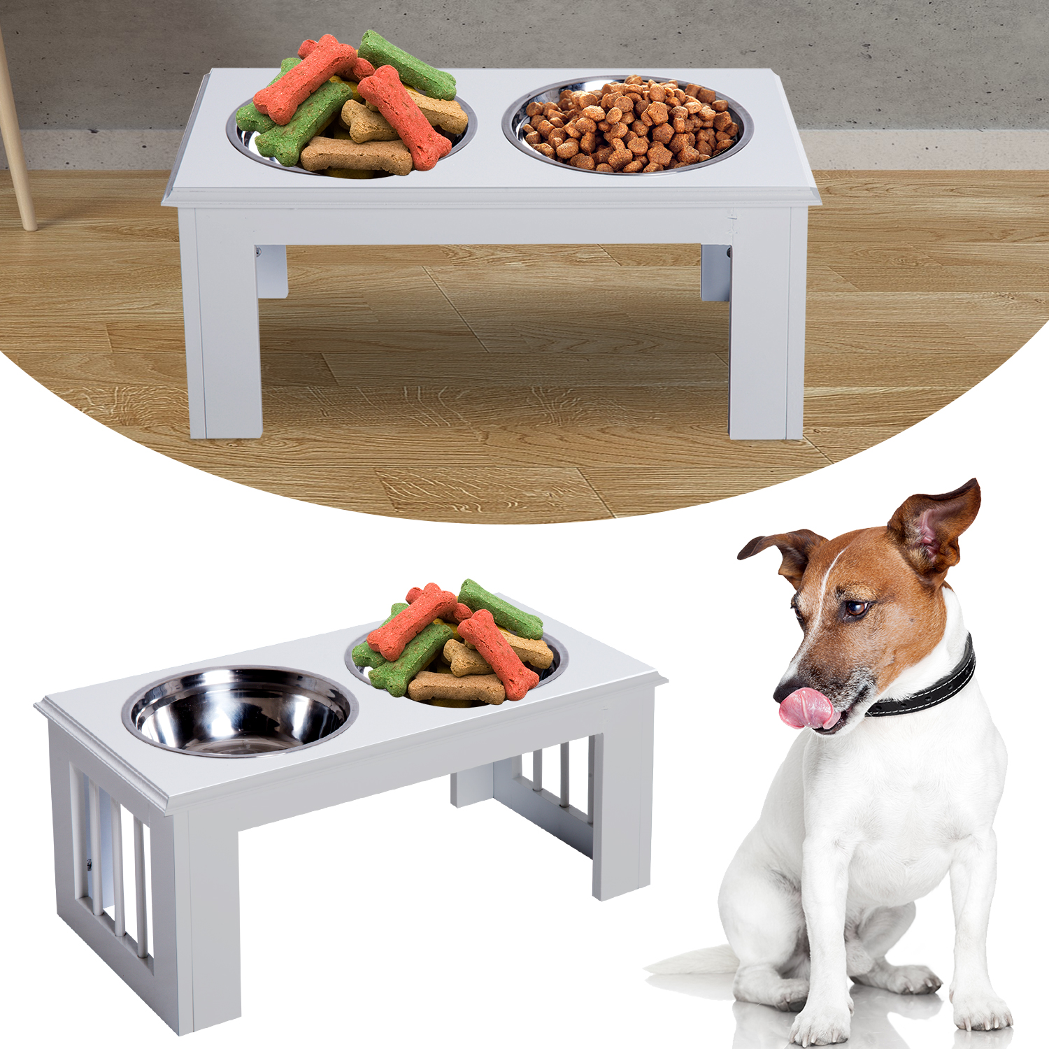 Hunde-Futterstation, rutschfest, 58,4 x 30,5 x 25,4cm, Weiß, 2L pro Napf