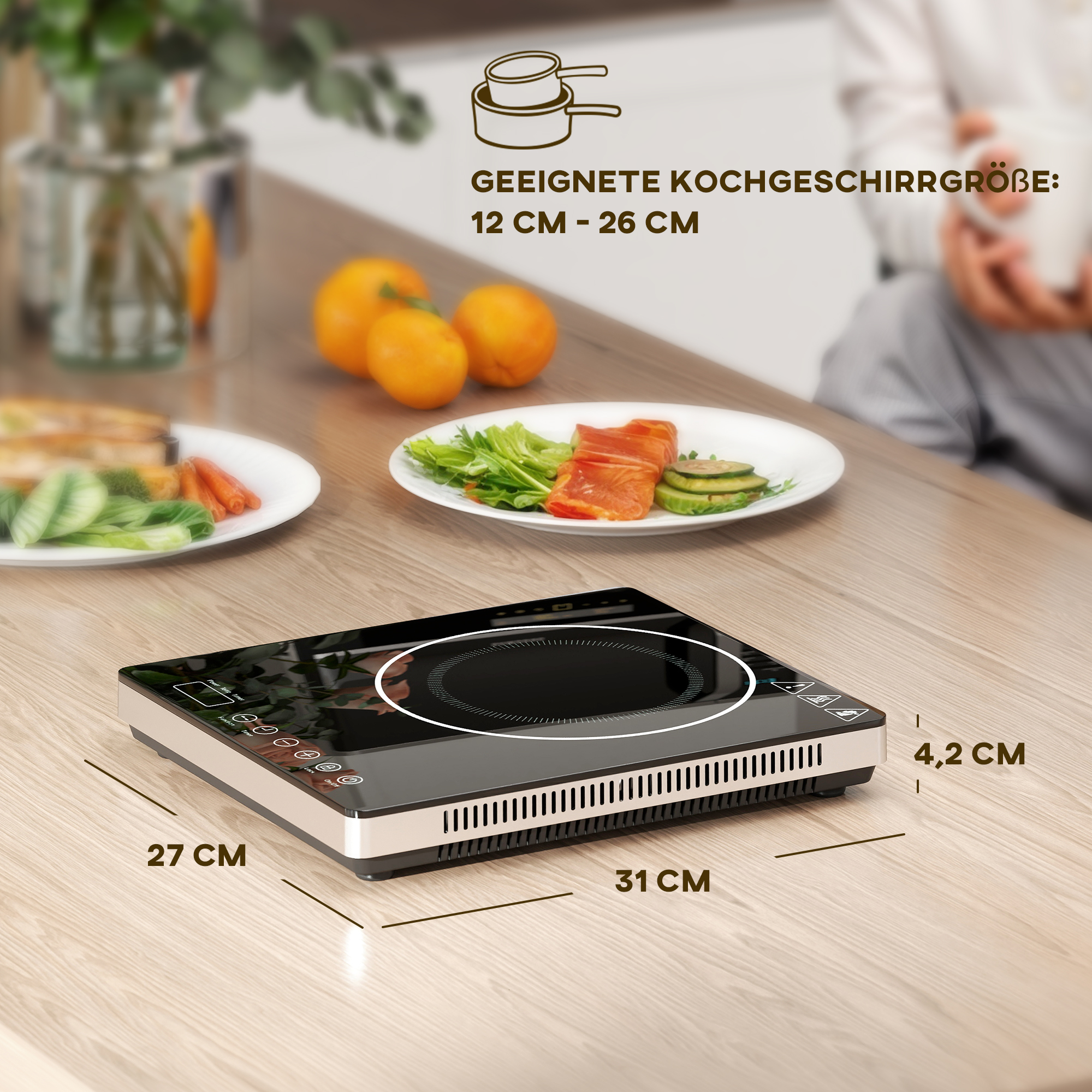 Kochplatte, Induktionskocher mit 10-Stufen-Temperatur, Touchpanel, Schwarz