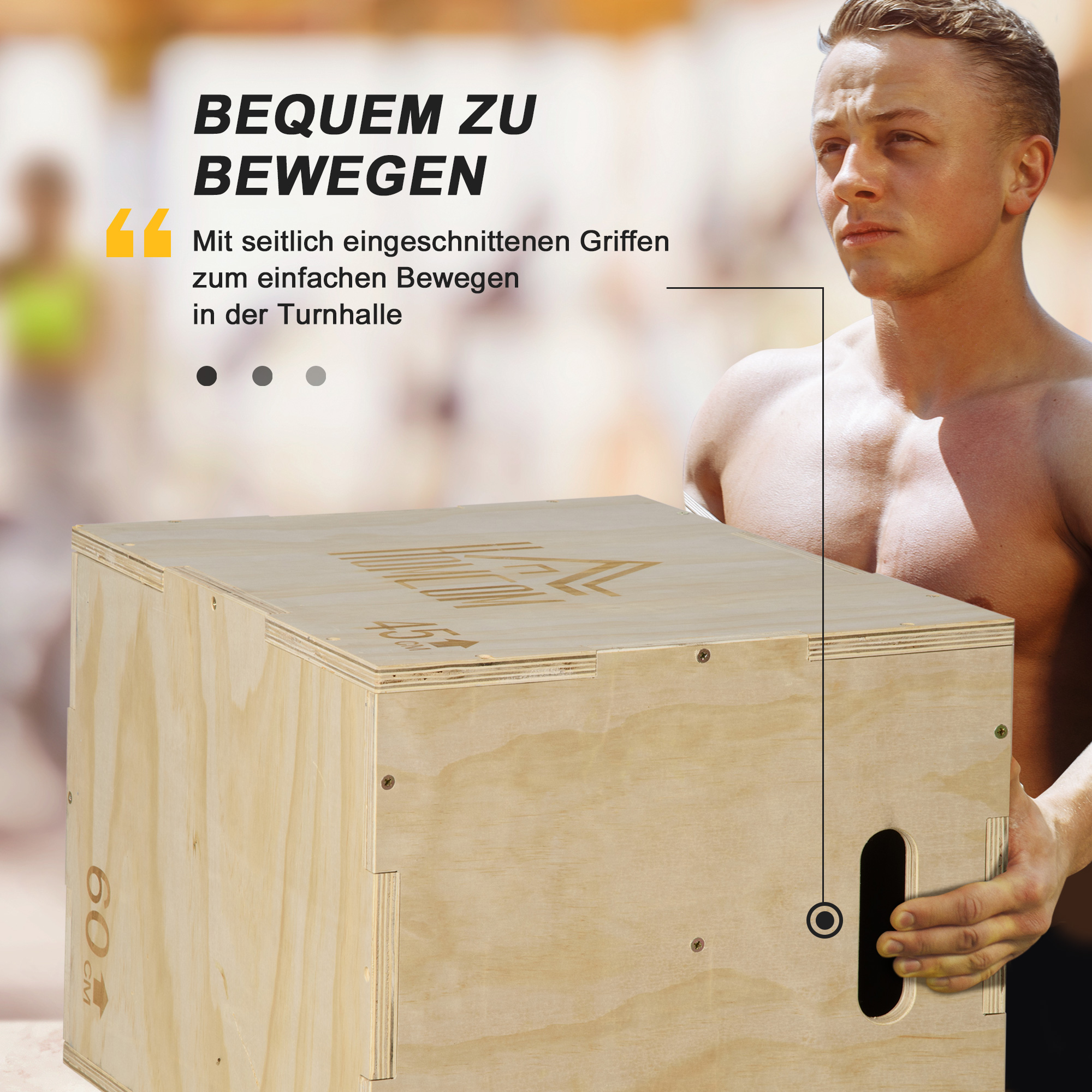 Plyo Box, Sprungbox aus Holz, Plyometric Plattform mit Griff für Zuhause, 45 x 40 x 60 cm, Naturholz