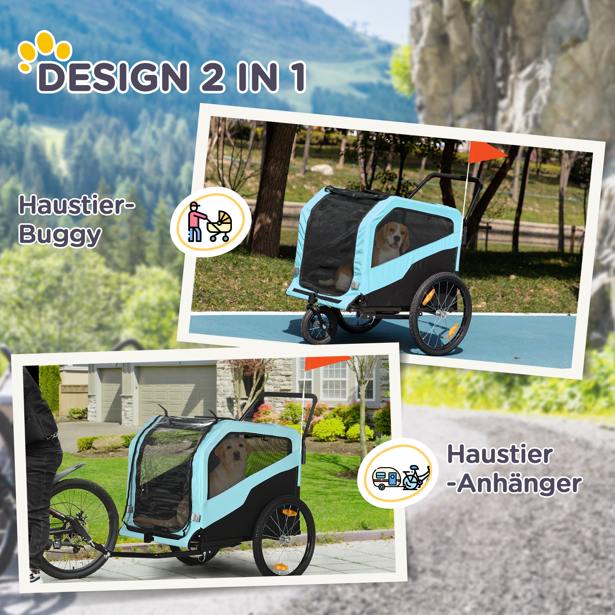 2-in-1 Hundeanhänger Hundewagen Fahrradanhänger bis 30kg klappbar Schiebefunktion 2 Eingänge Netzfenster Sonnenschutz Stahlrahmen hellblau 170 x 77 x 90 cm