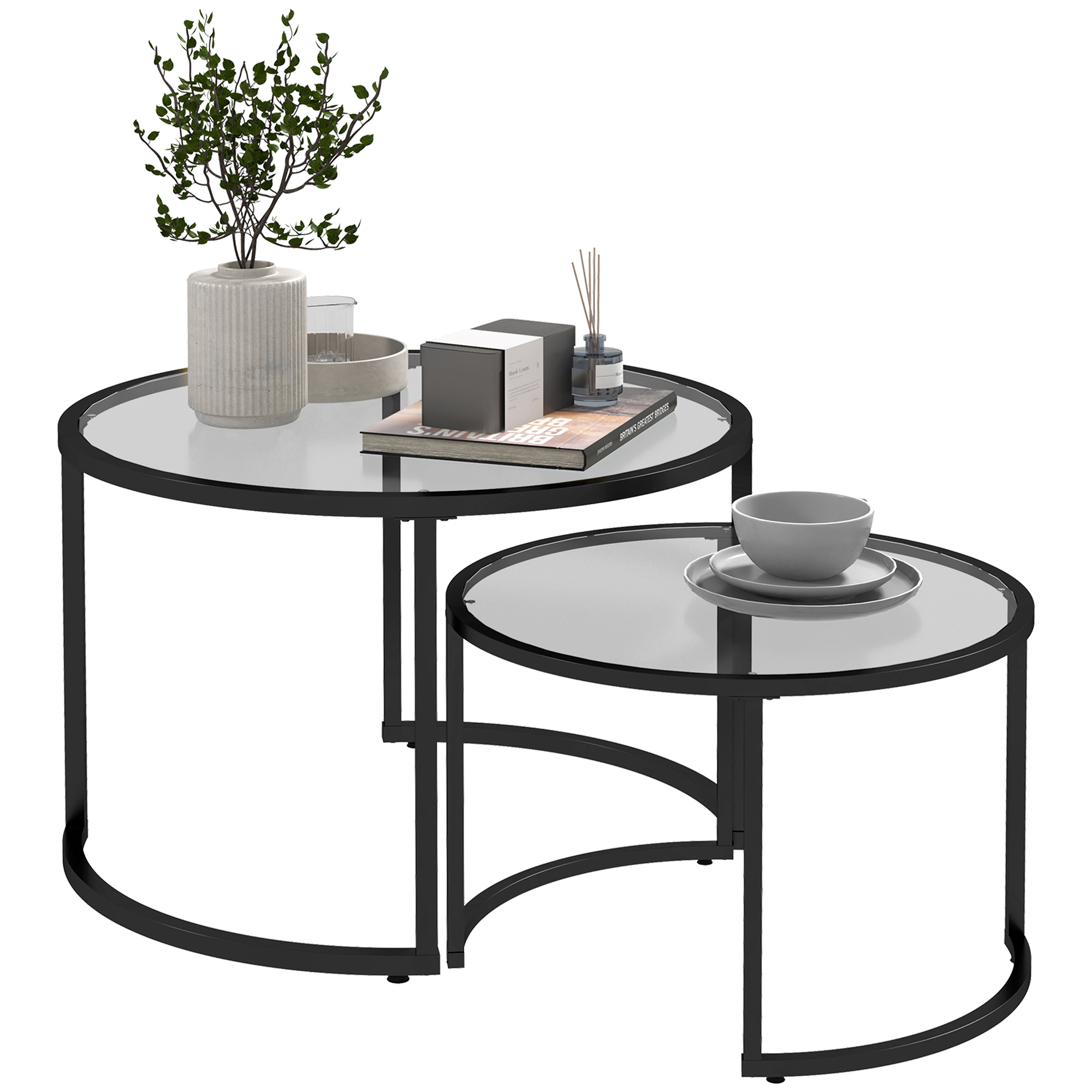 2er-Set Beistelltische Couchtische Industrie-Design, Glastische, stapelbar, Schwarz + Transparent