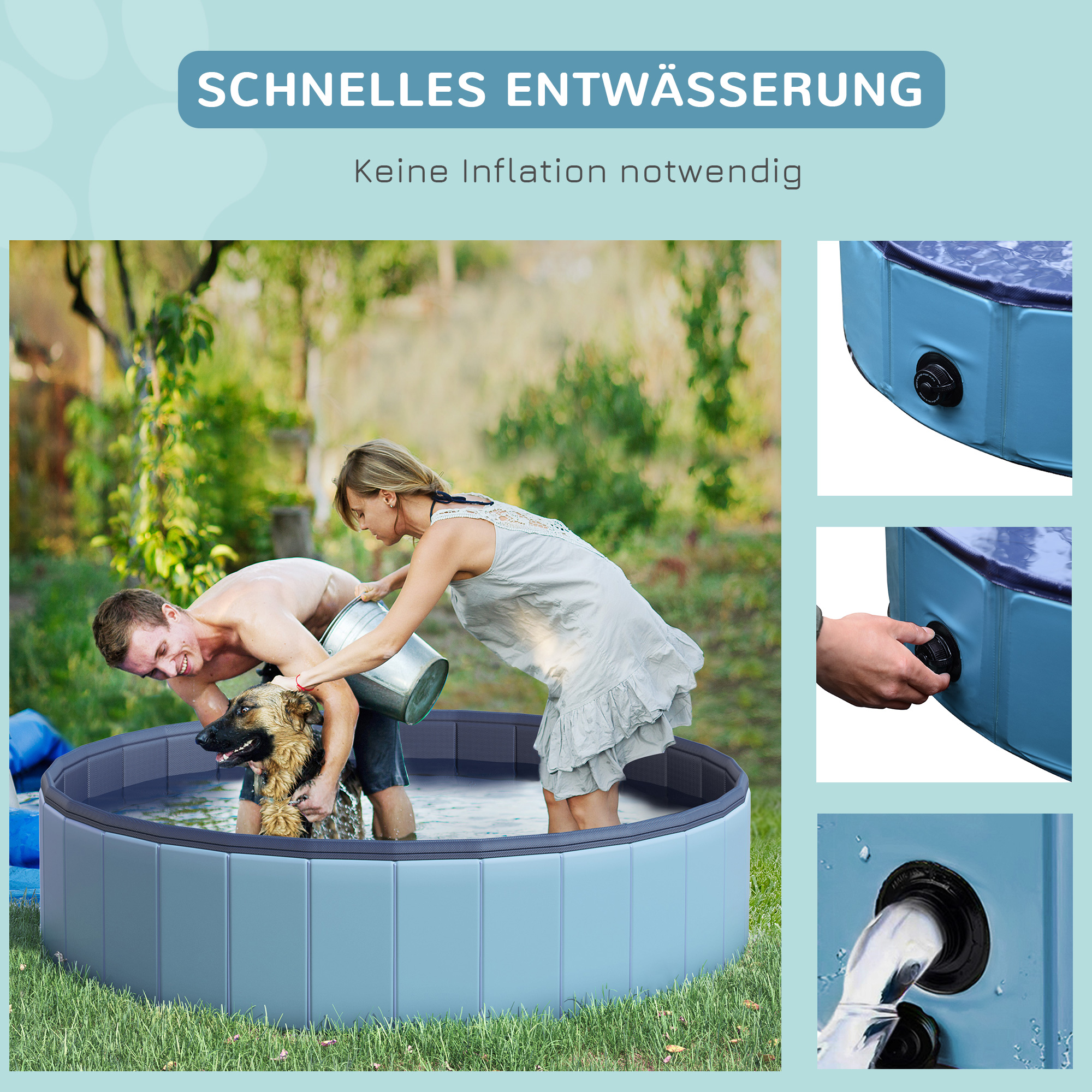 Hundebadewanne faltbar Badewanne Hundepool Plantschbecken Swimmingpool Wasserbecken für Hunde und Katzen Schwimmbecken Kunststoff+Holz Blau Ø140 x H30 cm