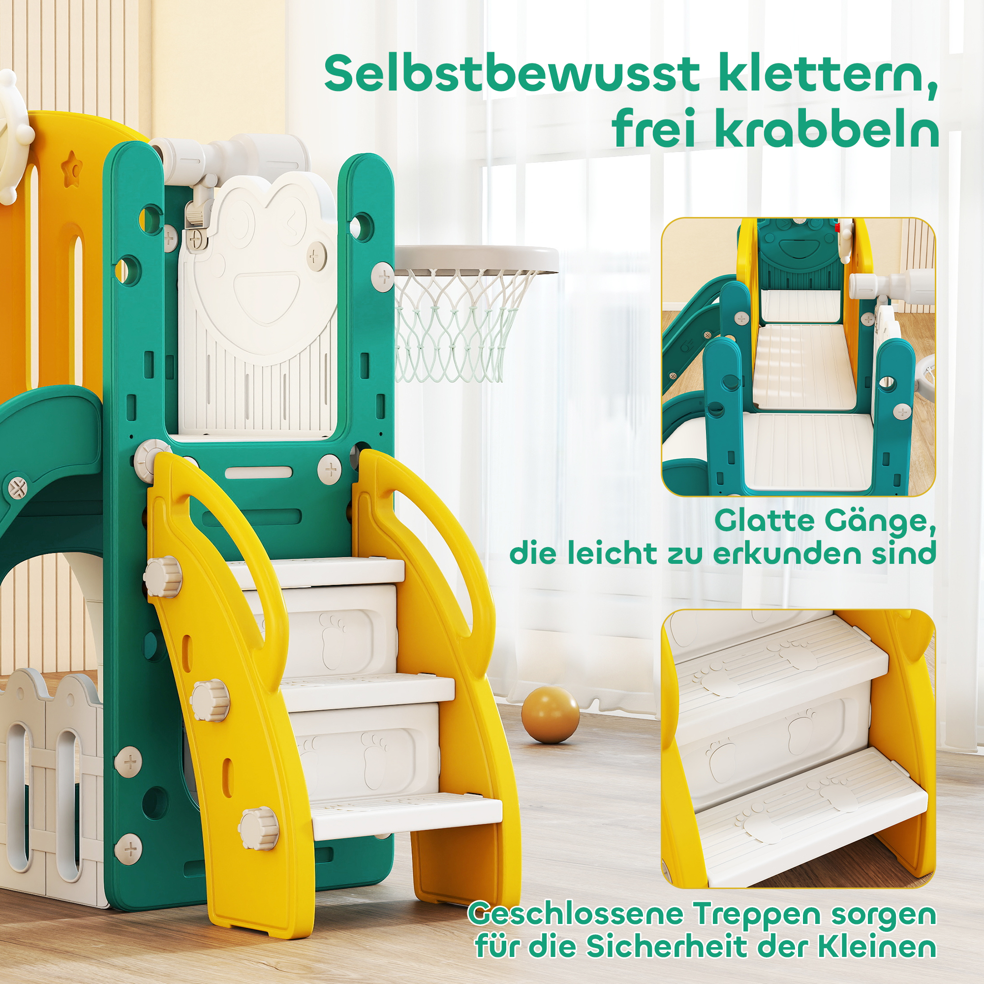 9-in-1 Rutschen- und Schaukelset für Kleinkinder, mit Basketballkorb, Teleskop, Zeichenbrett, Frosch-Design, Gelb+Grün