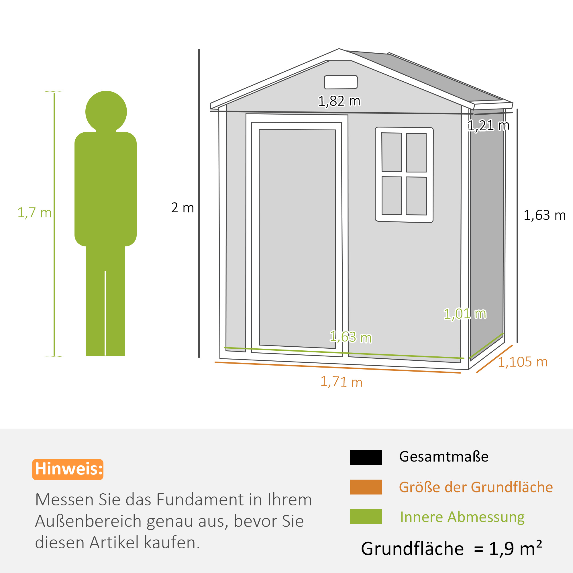 Gerätehaus 1,9m² 182 x 121 x 200cm Geräteschuppen mit Satteldach Boden Abschließbarer Tür