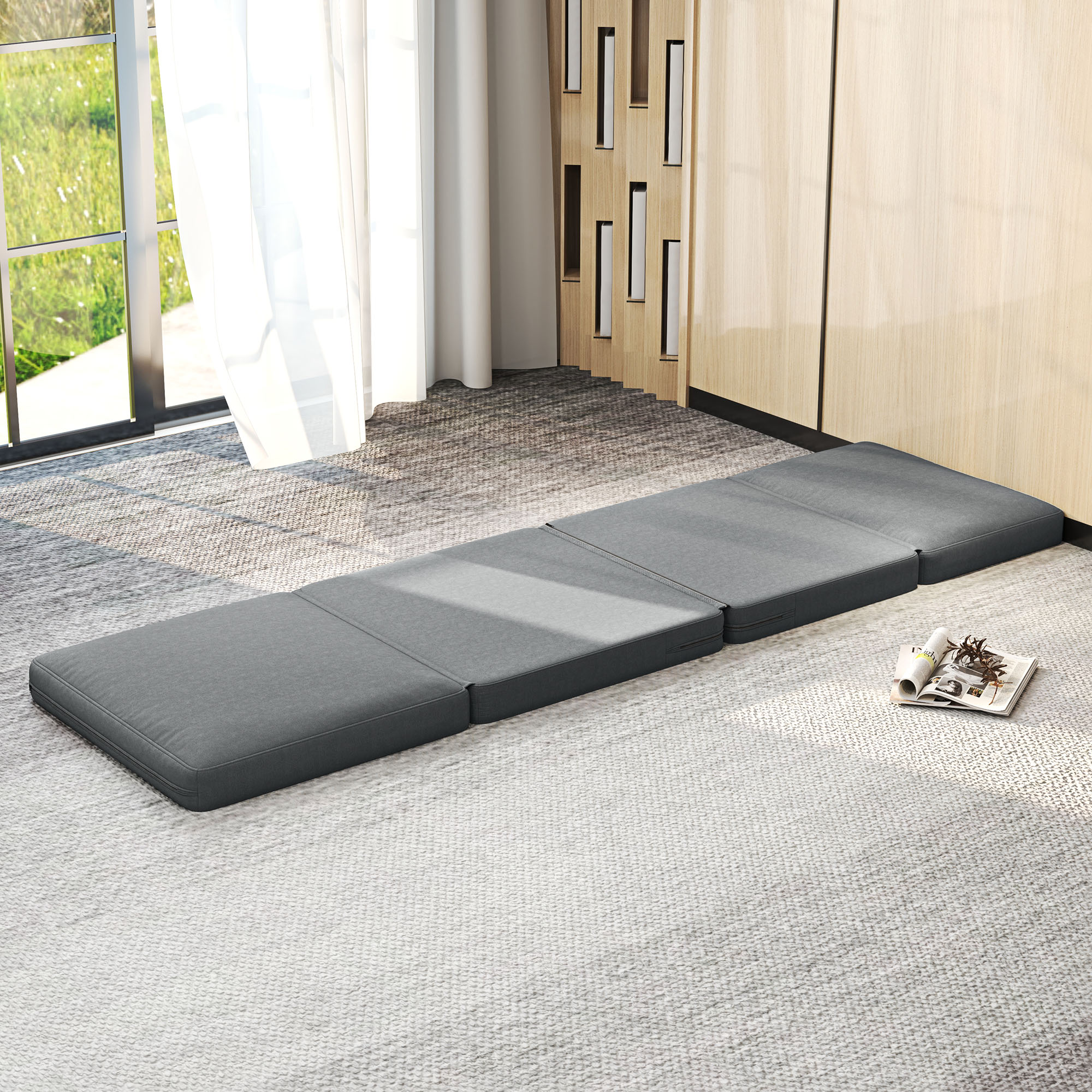 Faltbarer Bodensessel mit Kissen, wandelbares Polstersofa, Wohnzimmer, Gästezimmer, Büro, 75 x 268 x 18 cm, Dunkelgrau