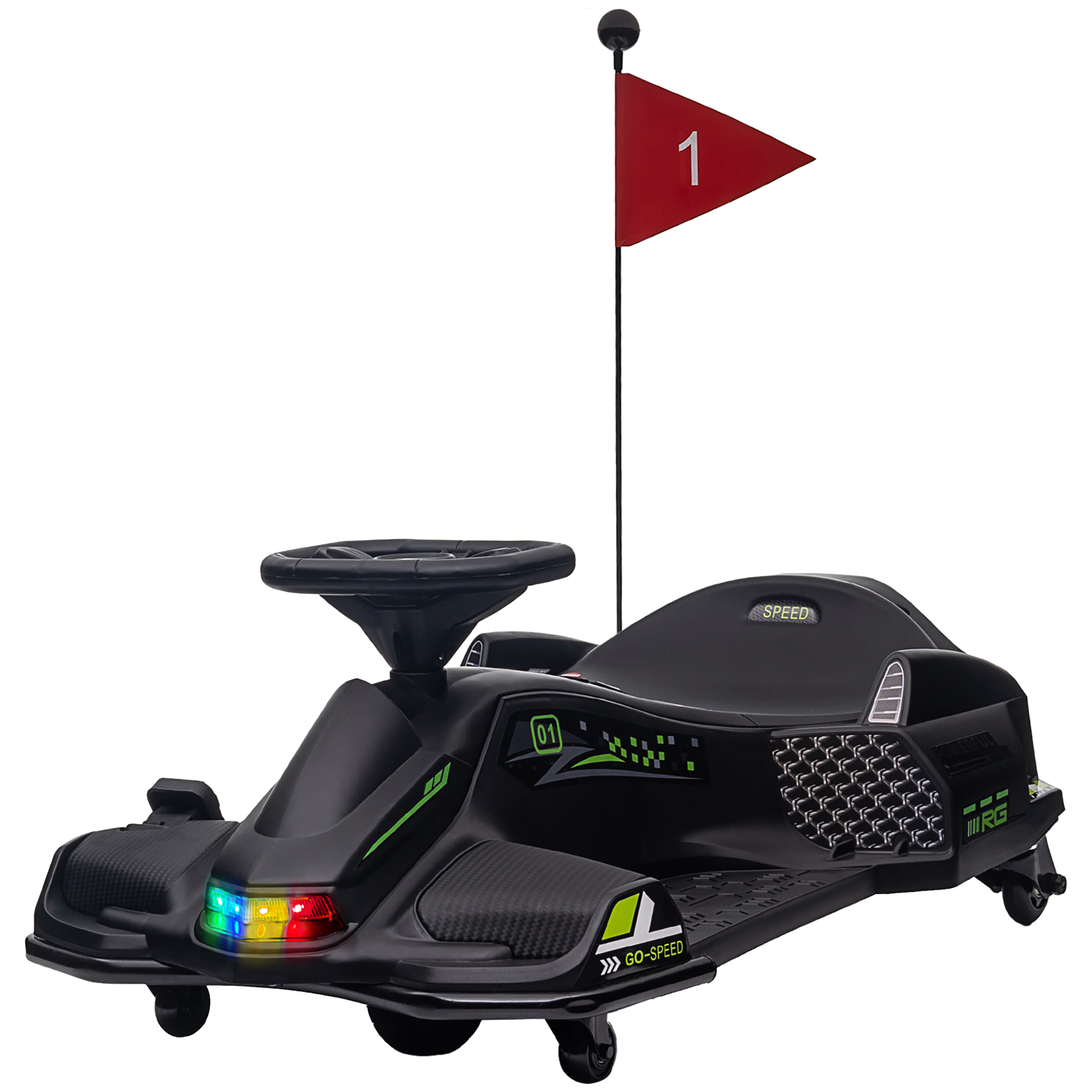 Elektrisches Go-Kart für Kinder, Gummiräder, 3-8 km/h, mit Lichtern und Musikfunktion, Schwarz
