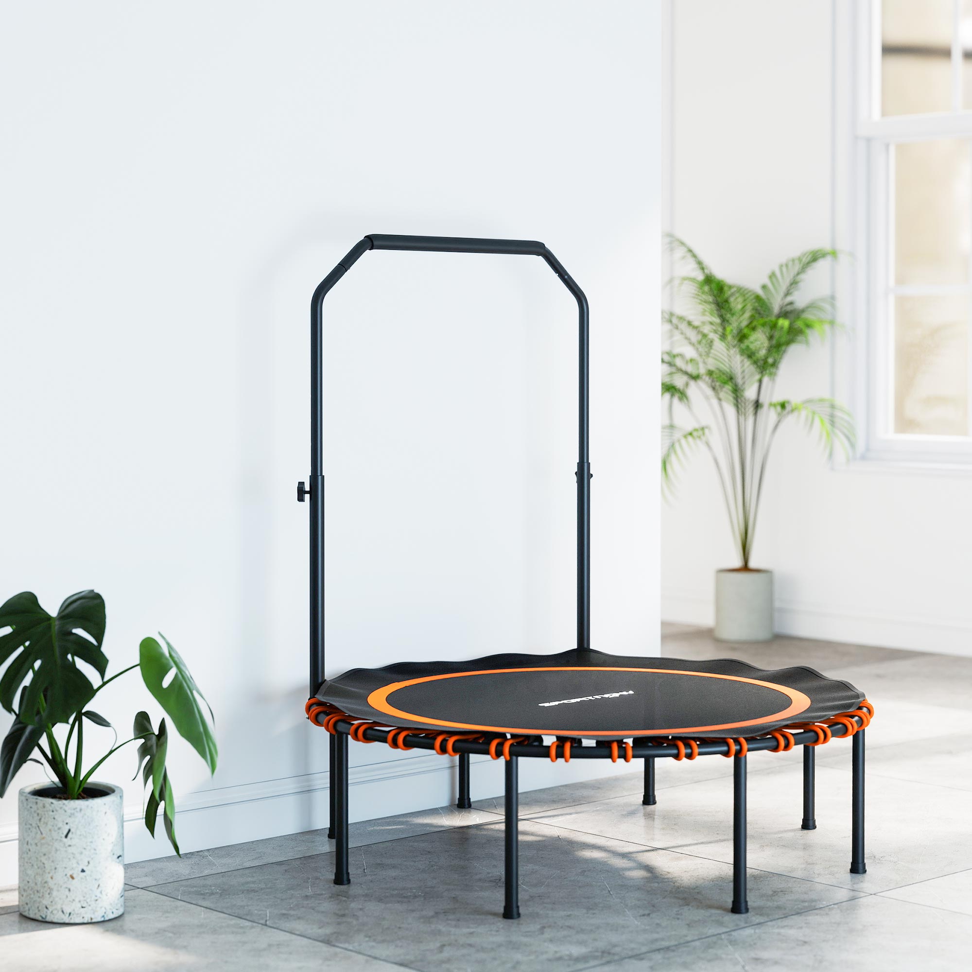 Fitness-Trampolin mit verstellbarem Handlauf, Sport-Trampolin für drinnen und draußen, Stahl, Kunststoff, Orange