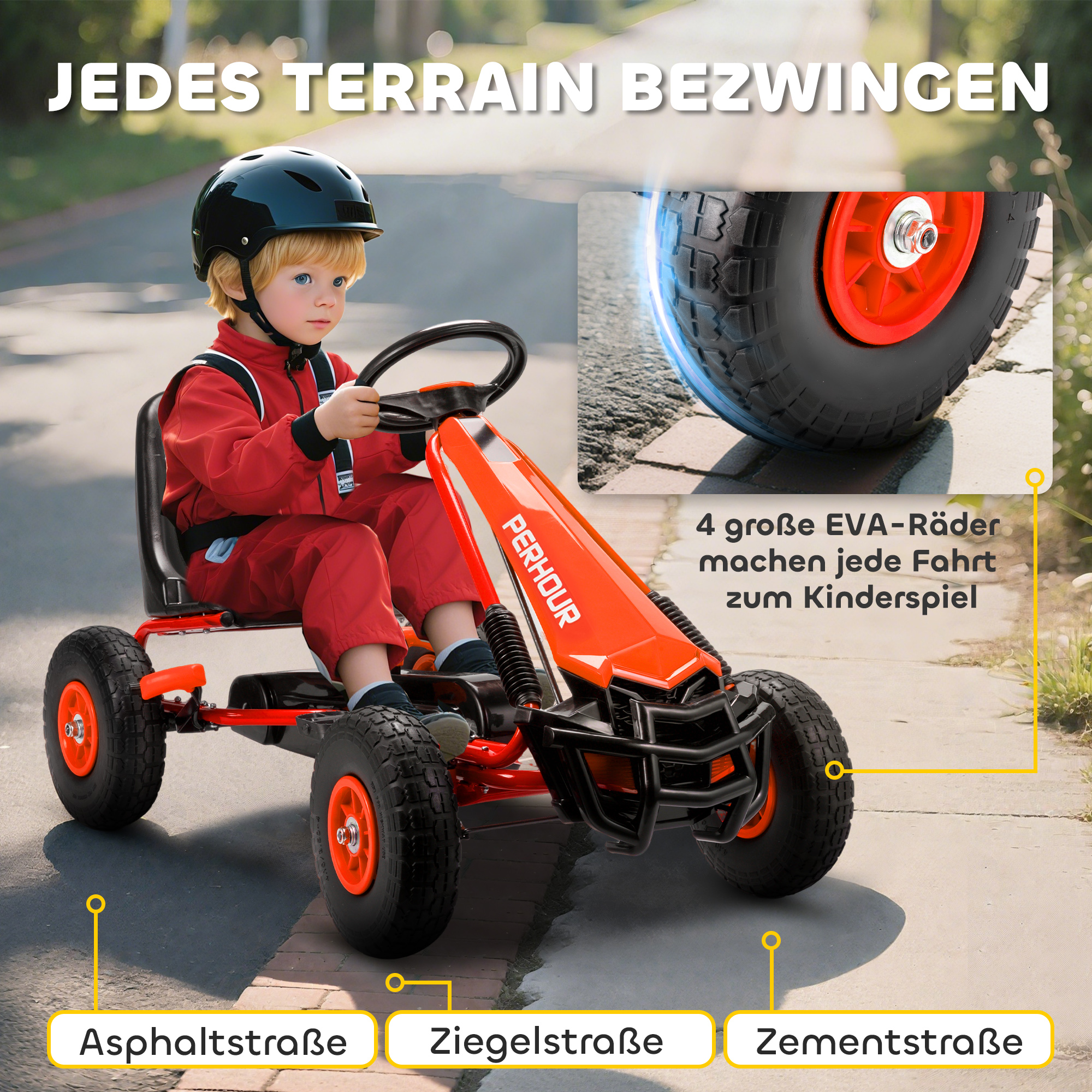 Pedal-Gokart für Kinder, höhenverstellbarer Sitz, EVA-Räder, Bremse, Kupplung, 3-8 Jahre, Rot