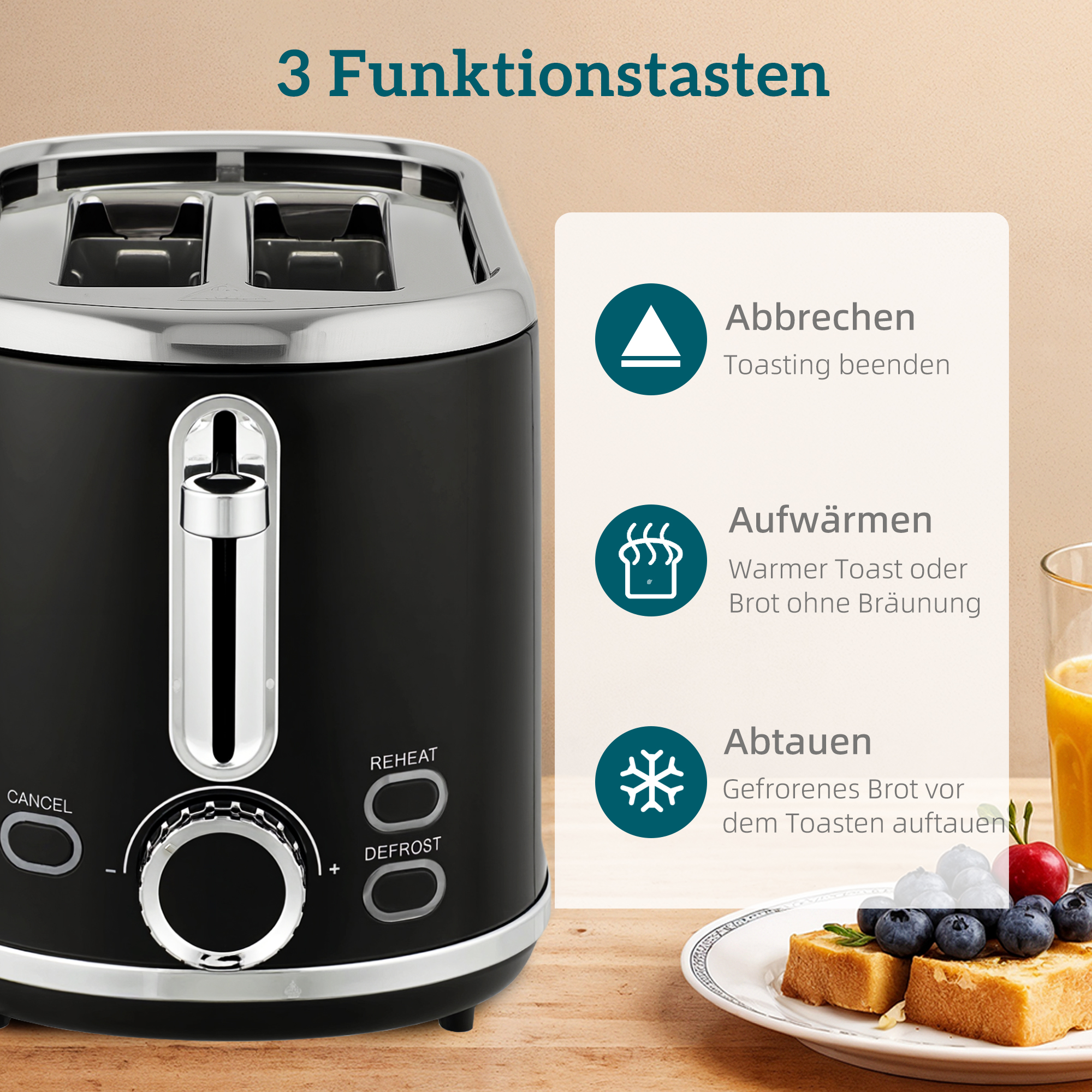 Wasserkocher- und Toaster-Set, LED-Anzeige, 1,7 Liter, 2200W, Retro-Design, Memory-Funktion, Schwarz