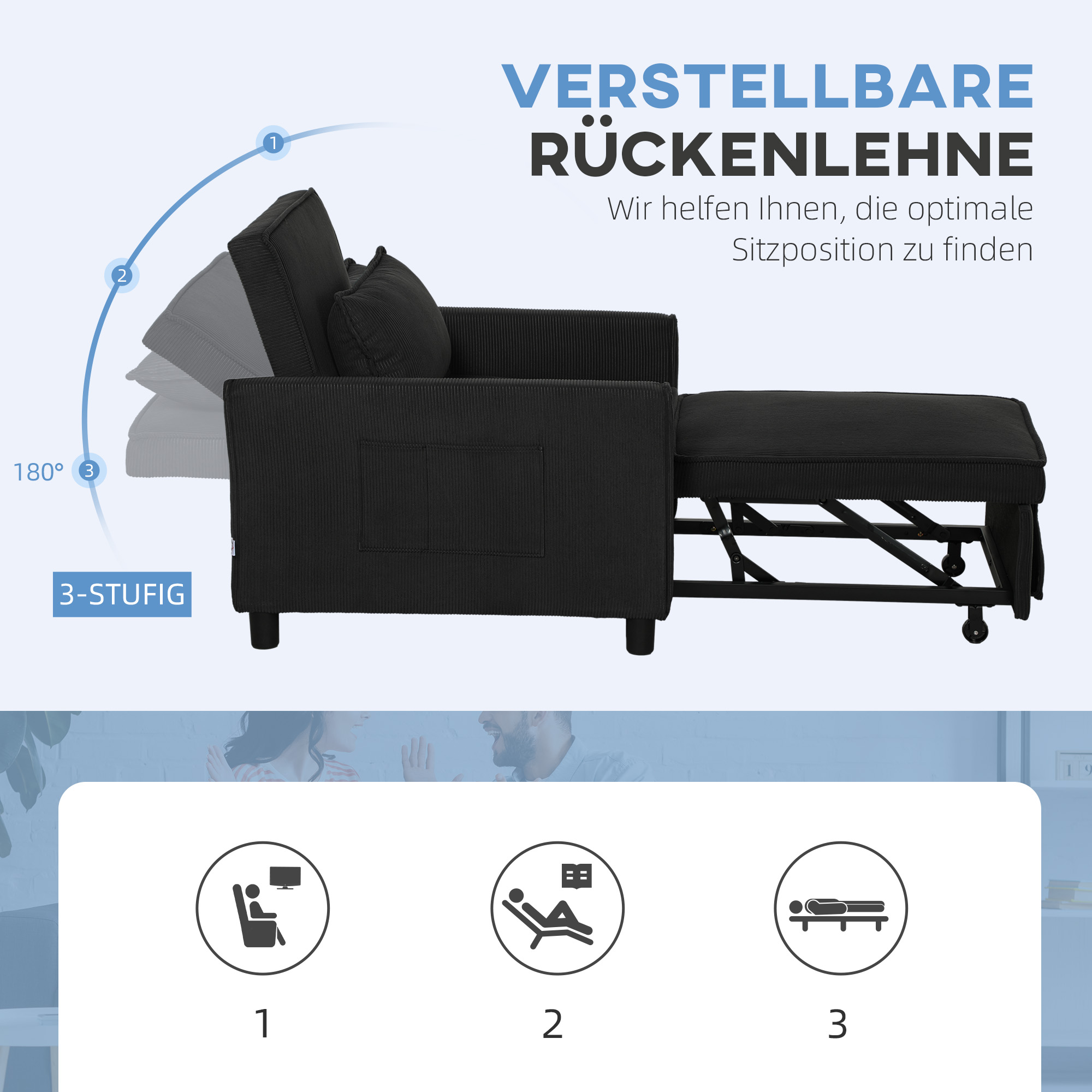 Schlafsessel, verstellbar, 3 Positionen, Cordbezug, bis 120 kg, Schwarz