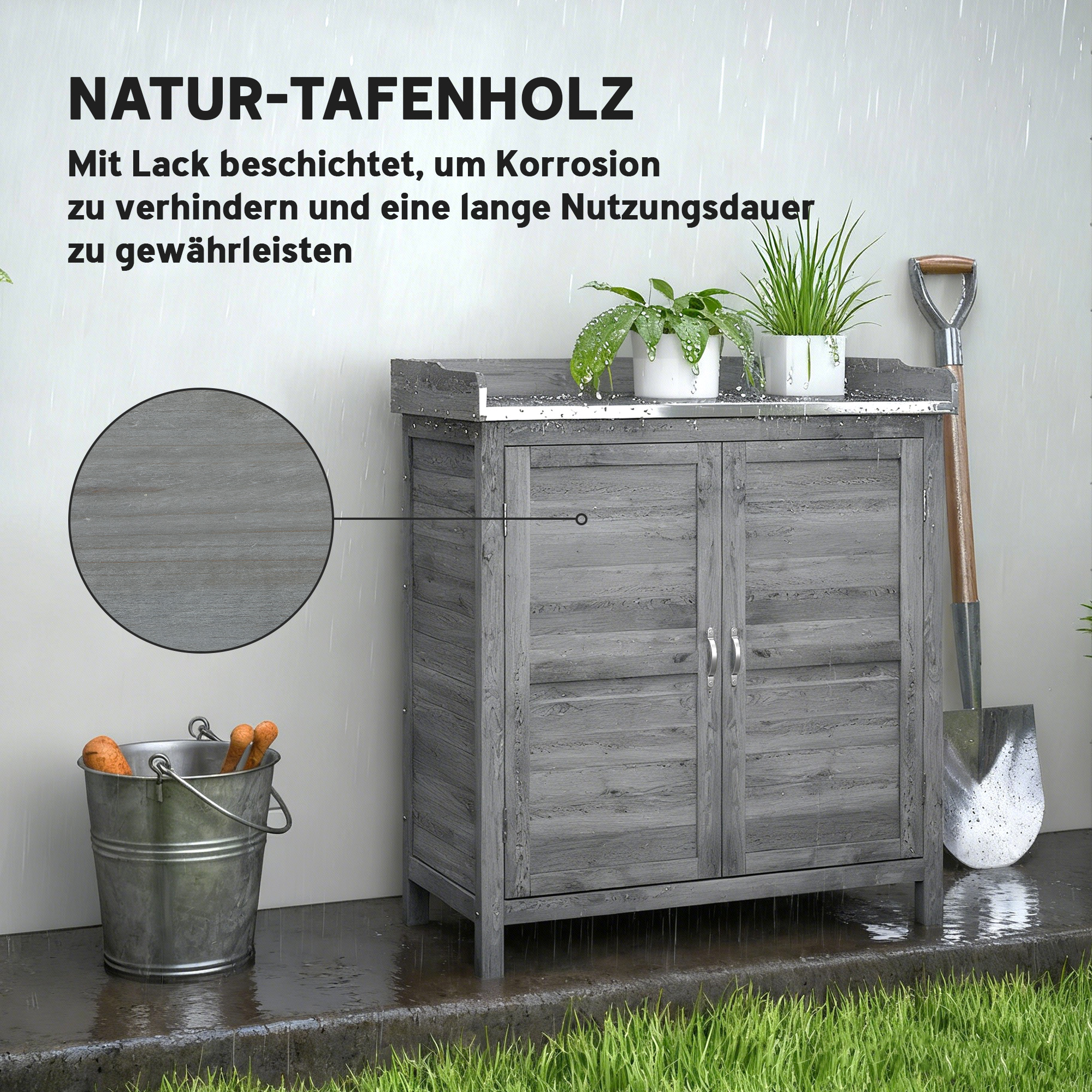 Gartenschrank mit Pflanztisch, Holz Geräteschuppen mit verzinkter Arbeitsplatte 2 Regalböden Grau