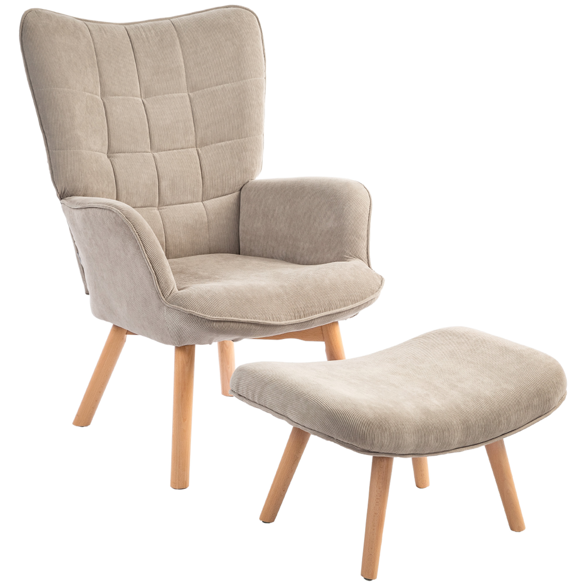 Akzentsessel mit Hocker, Relaxsessel in Cord-Optik, Armlehnstuhl mit Holzbeinen, für Wohnzimmer, Hellbraun Akzentsessel mit Hocker, Relaxsessel in Cord-Optik, Armlehnstuhl mit Holzbeinen, für Wohnzimmer, Hellbraun