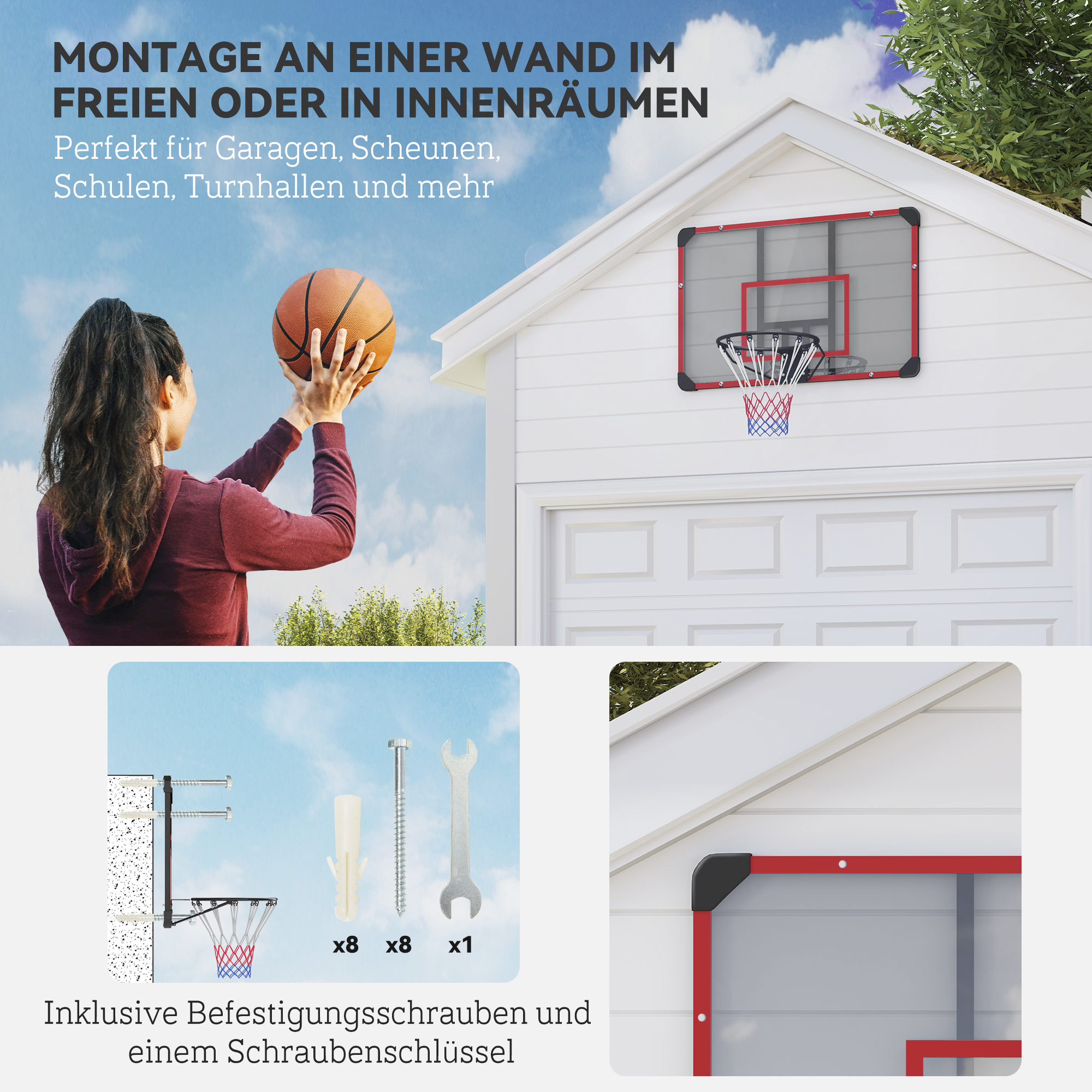 Basketballkorb für Wandmontage, Innen/Außen, robuste PC-Rückwand, Nylonnetz, Stahlring, 113x61x73 cm
