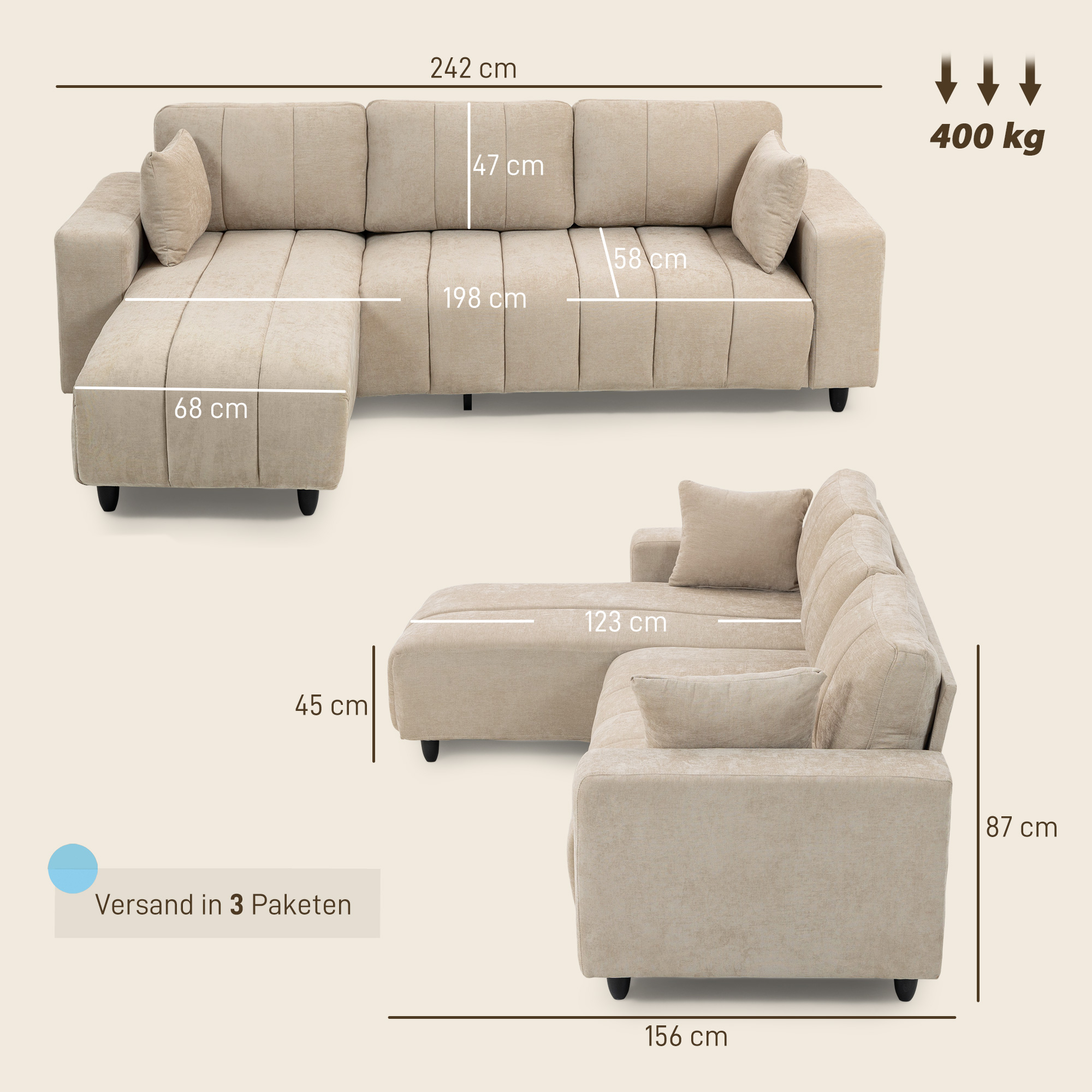 L-förmiges Ecksofa mit flexibler Chaiselongue, 3-Sitzer-Couch mit 2 Kissen, Metallrahmen, für Wohnzimmer, Beige