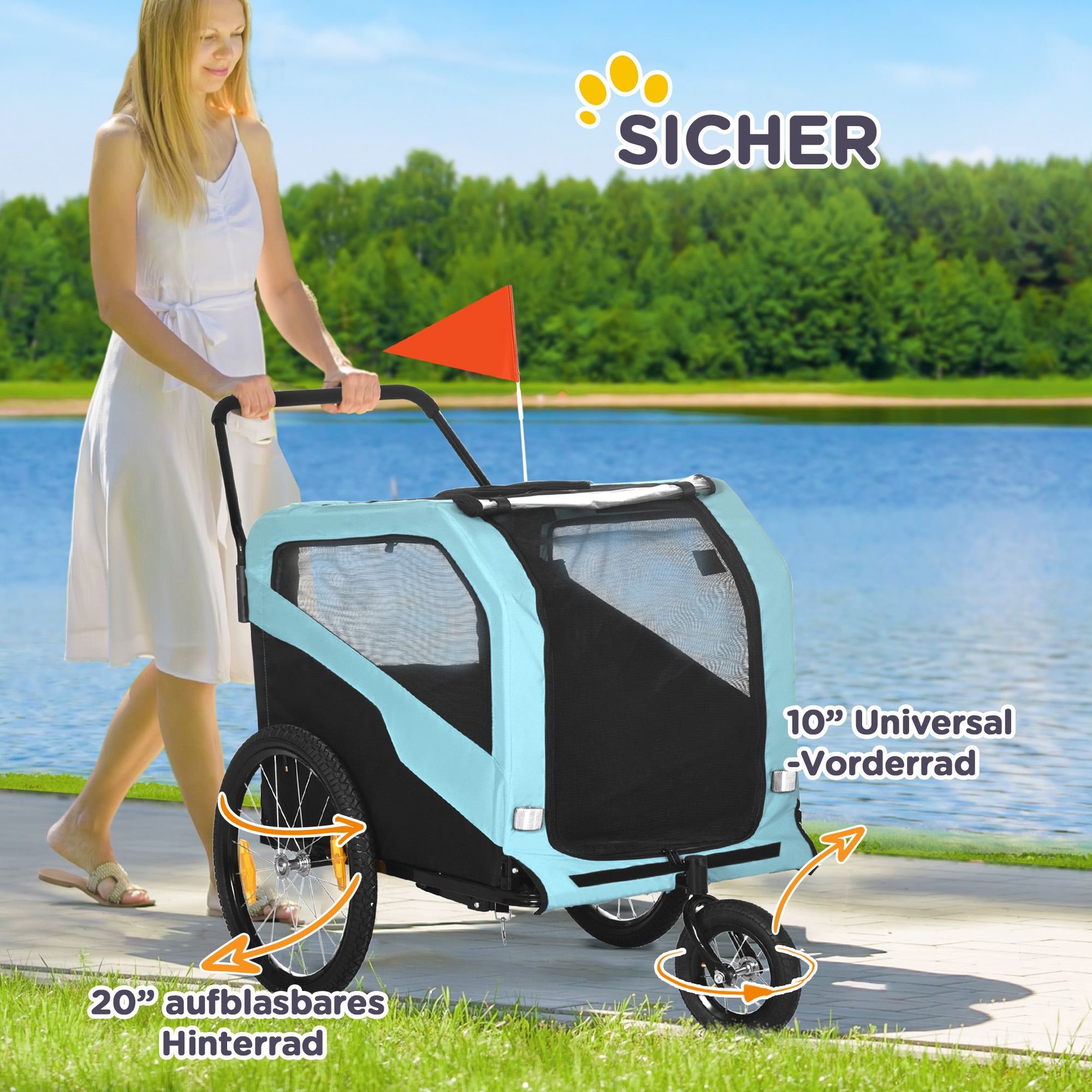 2-in-1 Hundeanhänger Hundewagen Fahrradanhänger bis 30kg klappbar Schiebefunktion 2 Eingänge Netzfenster Sonnenschutz Stahlrahmen hellblau 170 x 77 x 90 cm