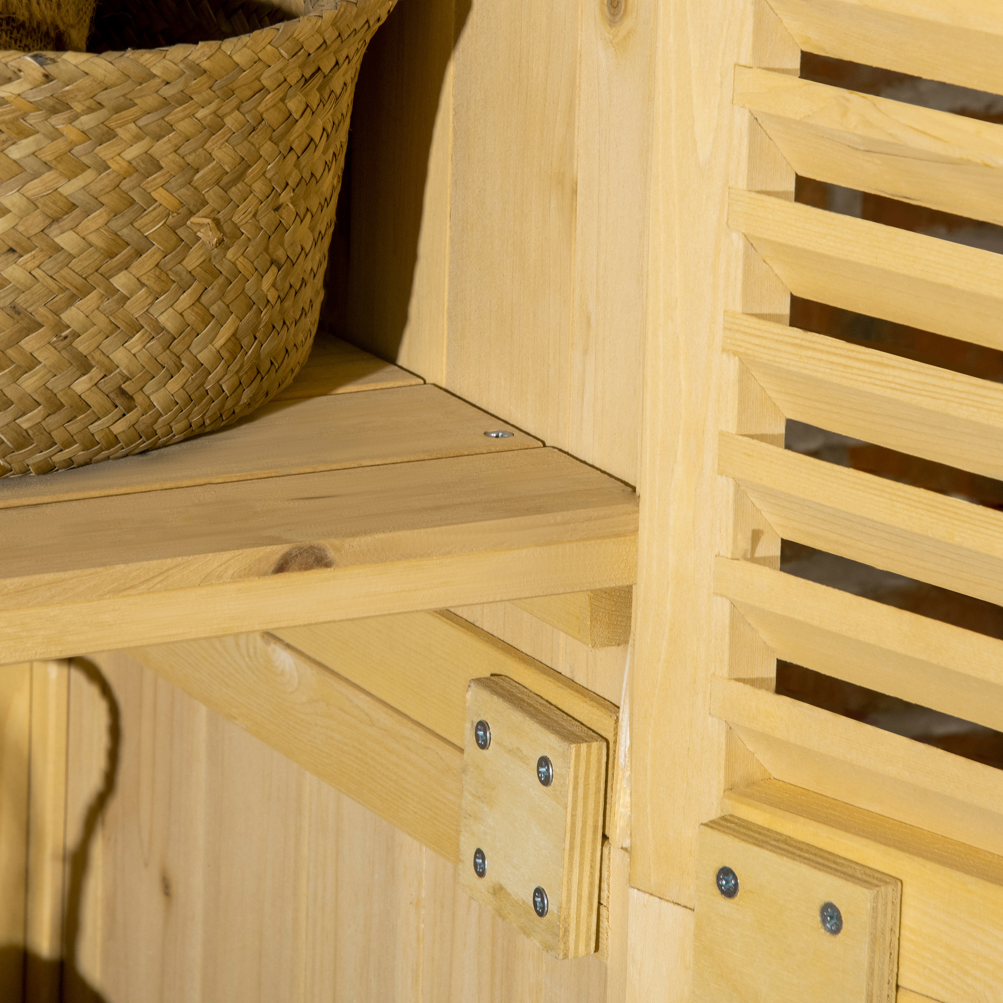 Gartenschrank Holz Geräteschuppen Gerätehaus mit Asphaltdach Lamellentür Geräteschrank Schuppen Garten 4 Fächer Naturholz 87 x 46,5 x 160 cm