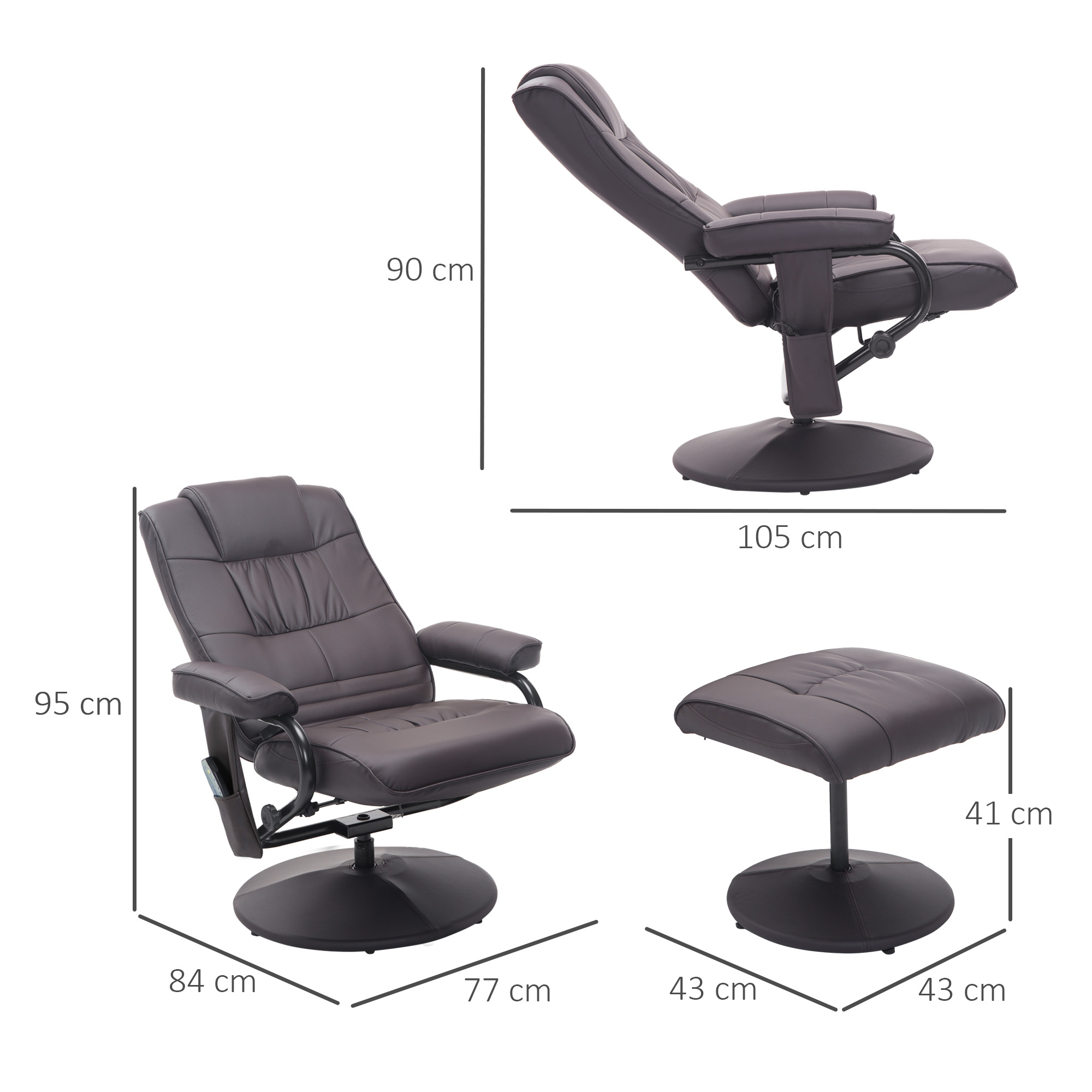 Massagesessel Relaxsessel, inkl, Fußhocker, 10 Vibrationspunkte, 1 Fernbedienung; 77 cm x 84 cm x 95 cm, Braun