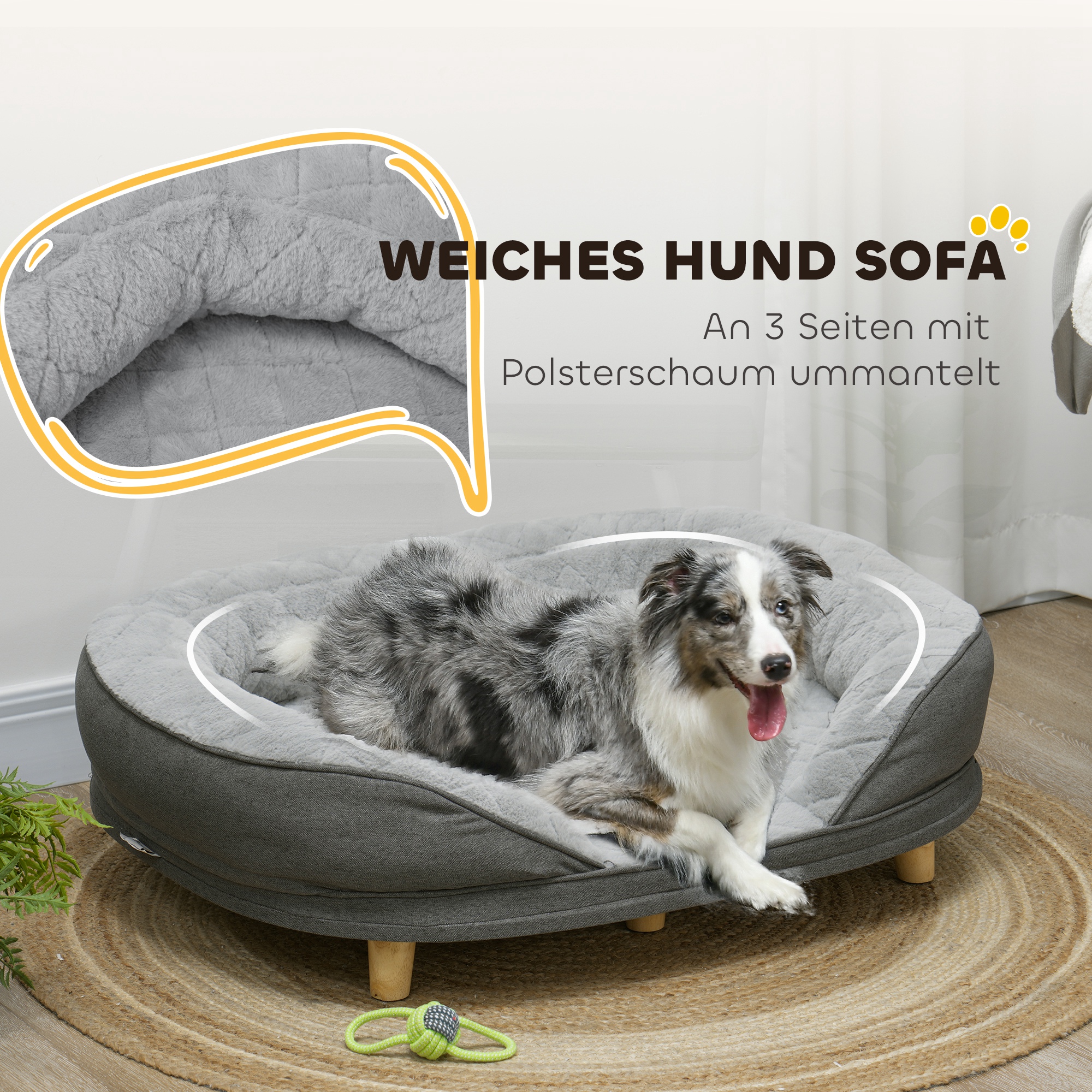 Hundebett für Hunde bis 25 kg, abnehmbarer Bezug, rutschfeste Füße, 90 x 78 x 25 cm, Grau