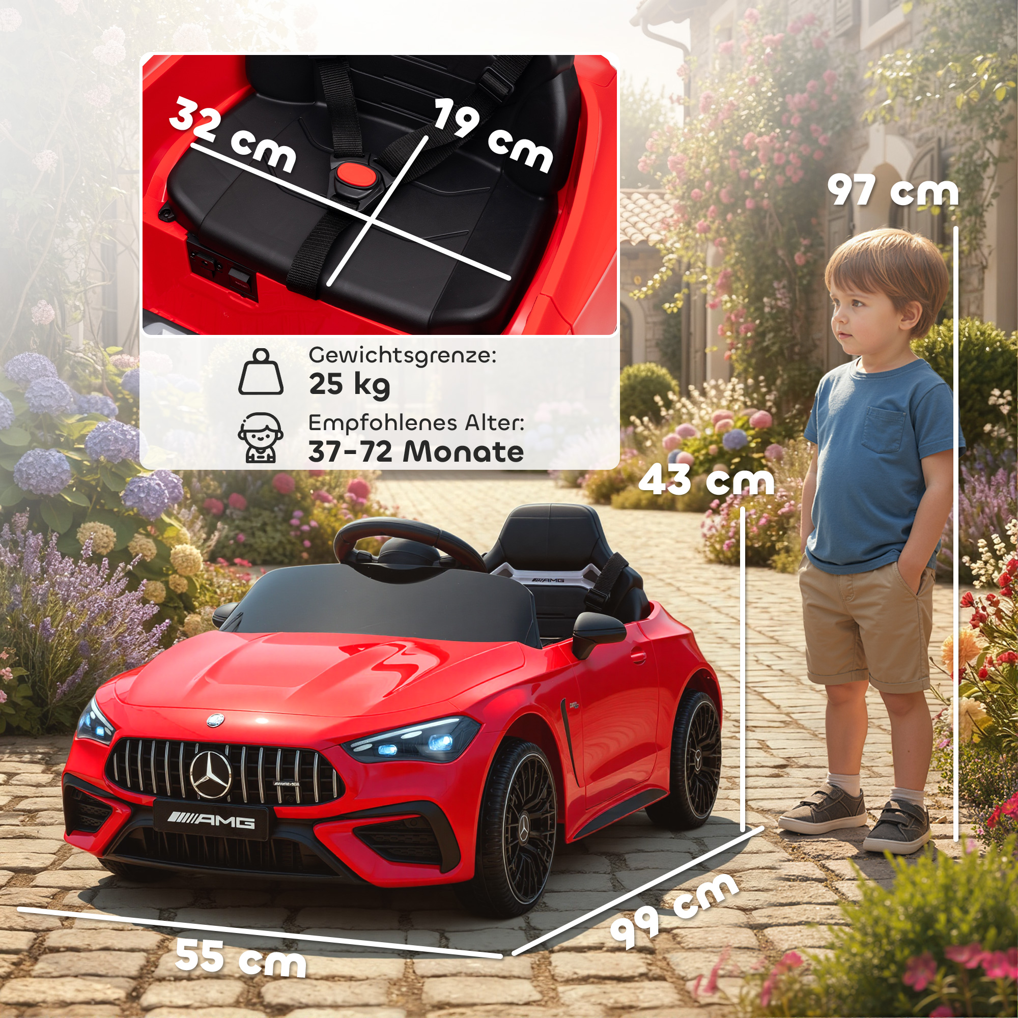 Kinder-Elektroauto, Mercedes-Design, 12V Motoren, Fernbedienung, LED-Lichter, Musik, für 3-6 Jahren Kinder, Rot