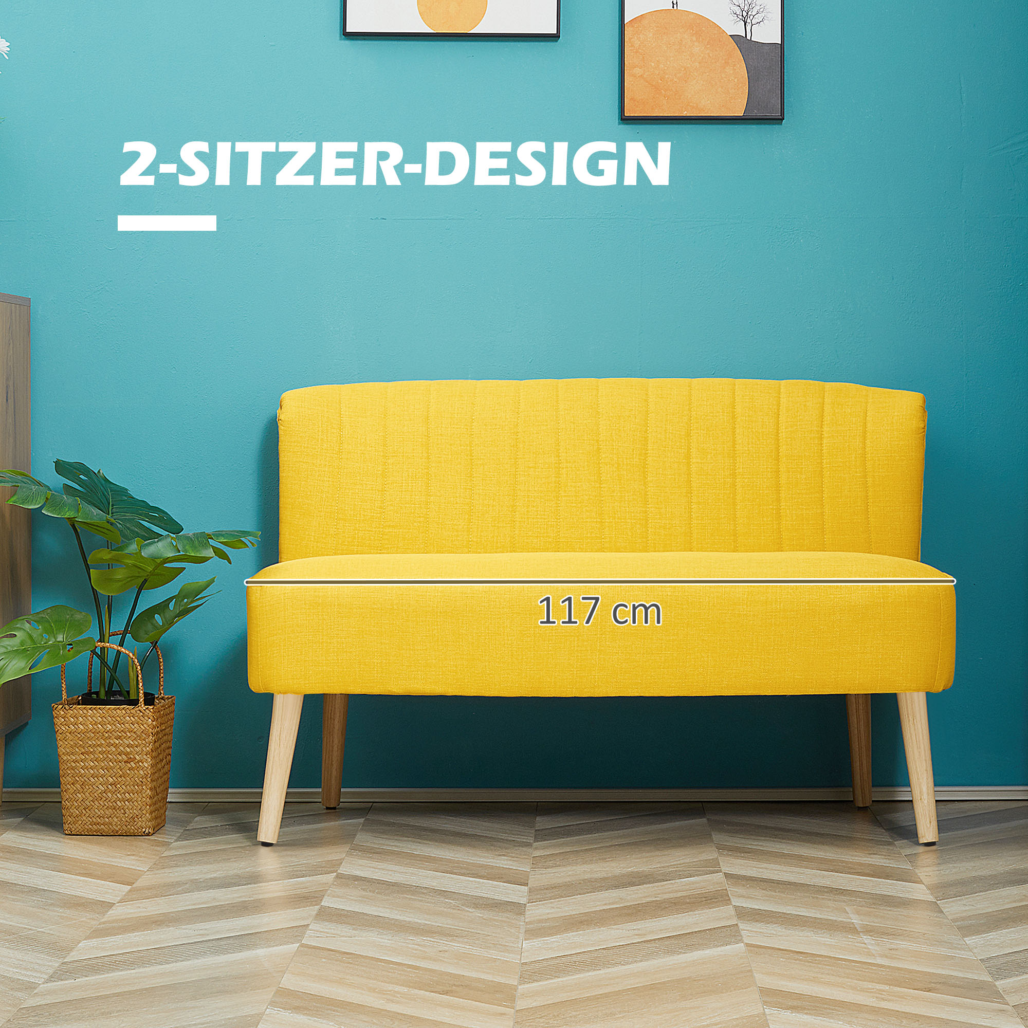 2-Sitzer Sofa, weiche Polsterung, pflegeleichter Bezug, bis 150 kg, 117 x 56,5 x 77 cm, Gelb