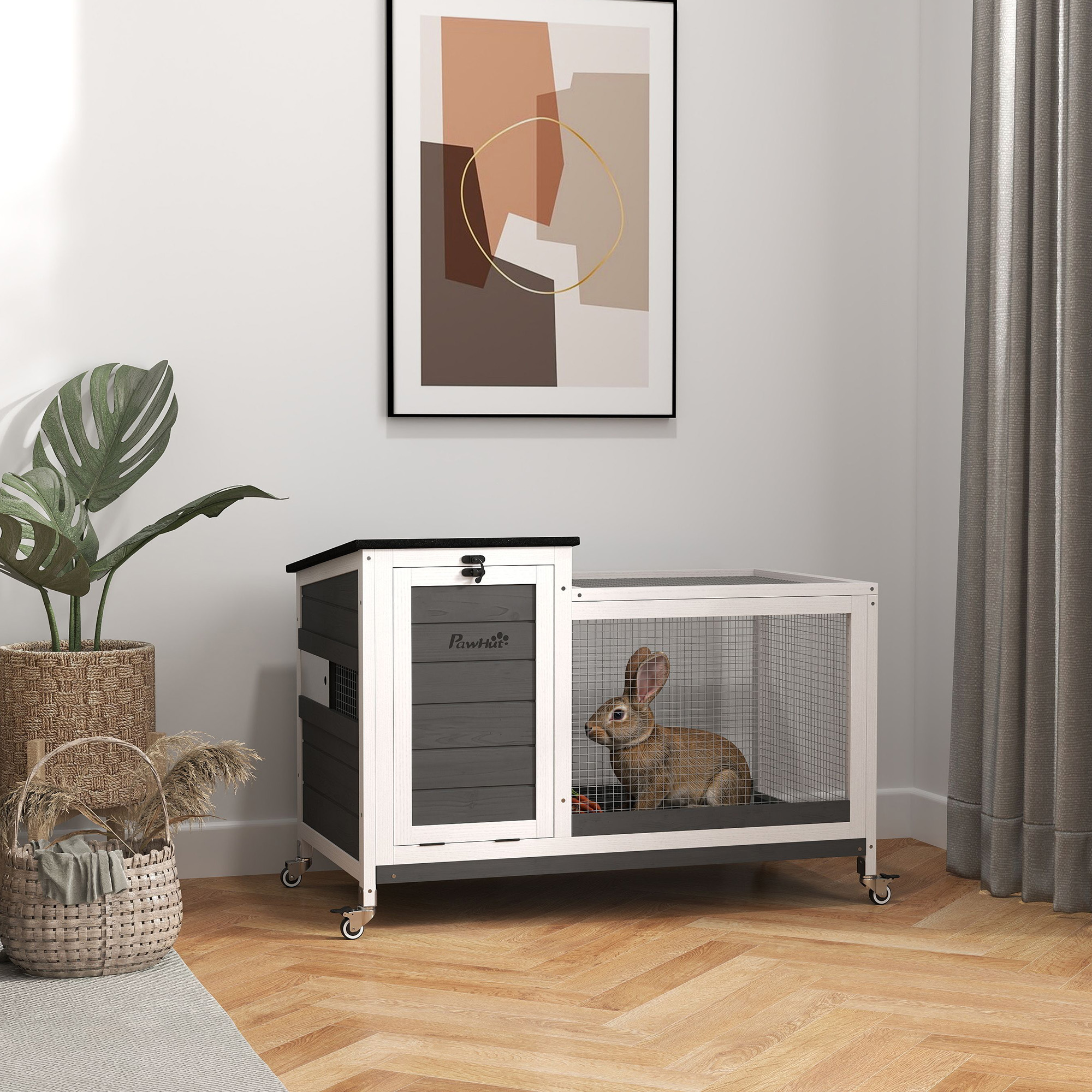 Kaninchenstall aus Holz Hasenstall mit Freilaufgehege Rädern Klappdach für Innen, draußen 92 x 52 x 67 cm Dunkelgrau
