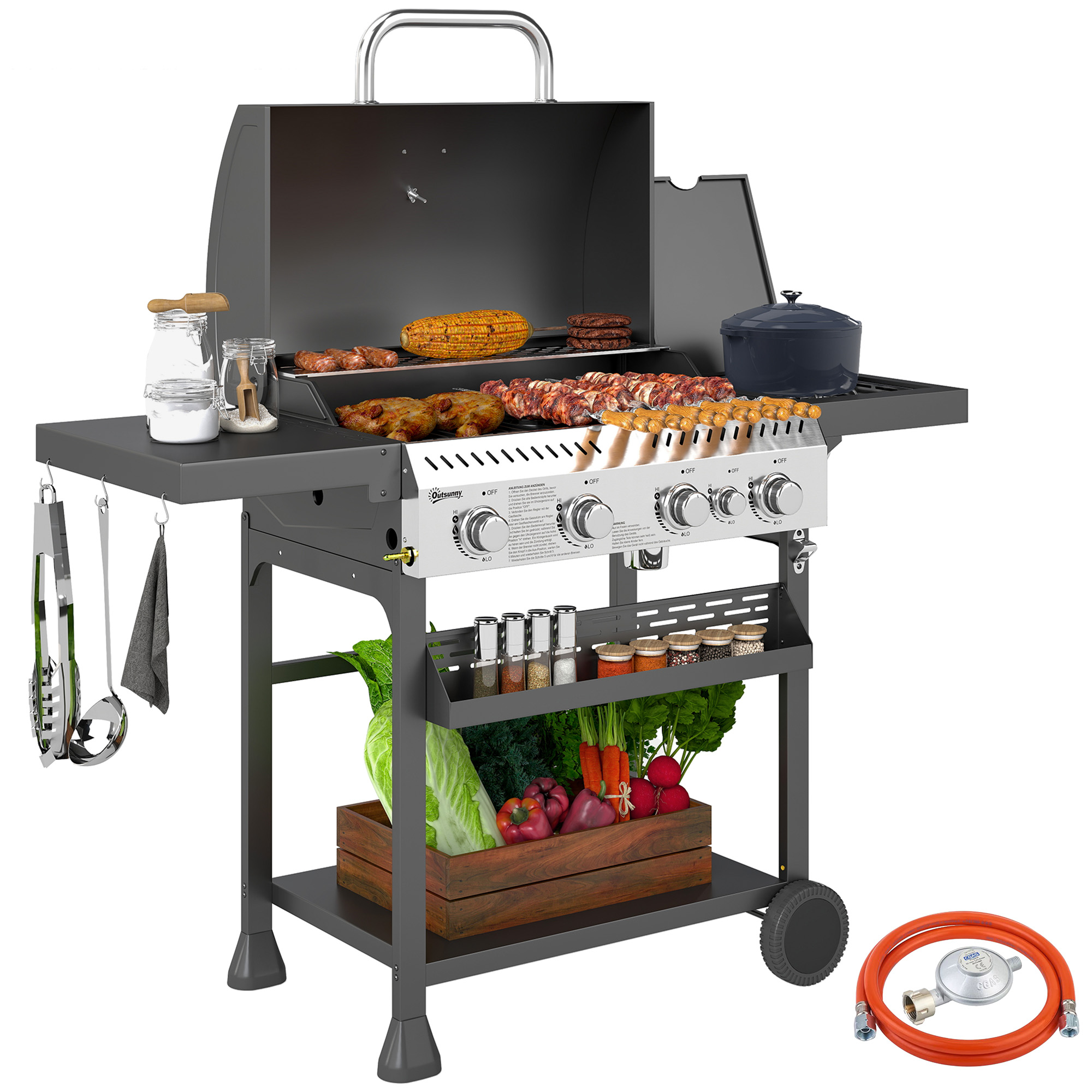 Gasgrill, BBQ-Grill, 4 Hauptbrenner, 1 Seitenkocher, 1 Warmhalteplatte; 135 x 55 x 103 cm, Schwarz Gasgrill, BBQ-Grill, 4 Hauptbrenner, 1 Seitenkocher, 1 Warmhalteplatte; 135 x 55 x 103 cm, Schwarz