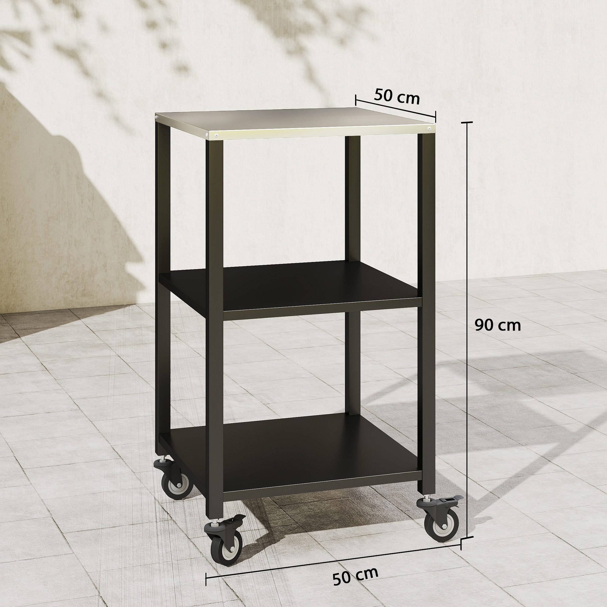 Grillwagen 3-Etagen Grilltisch mit Edelstahl Arbeitsfläche Rollen mobiler Servierwagen 50 x 50 x 90 cm Schwarz