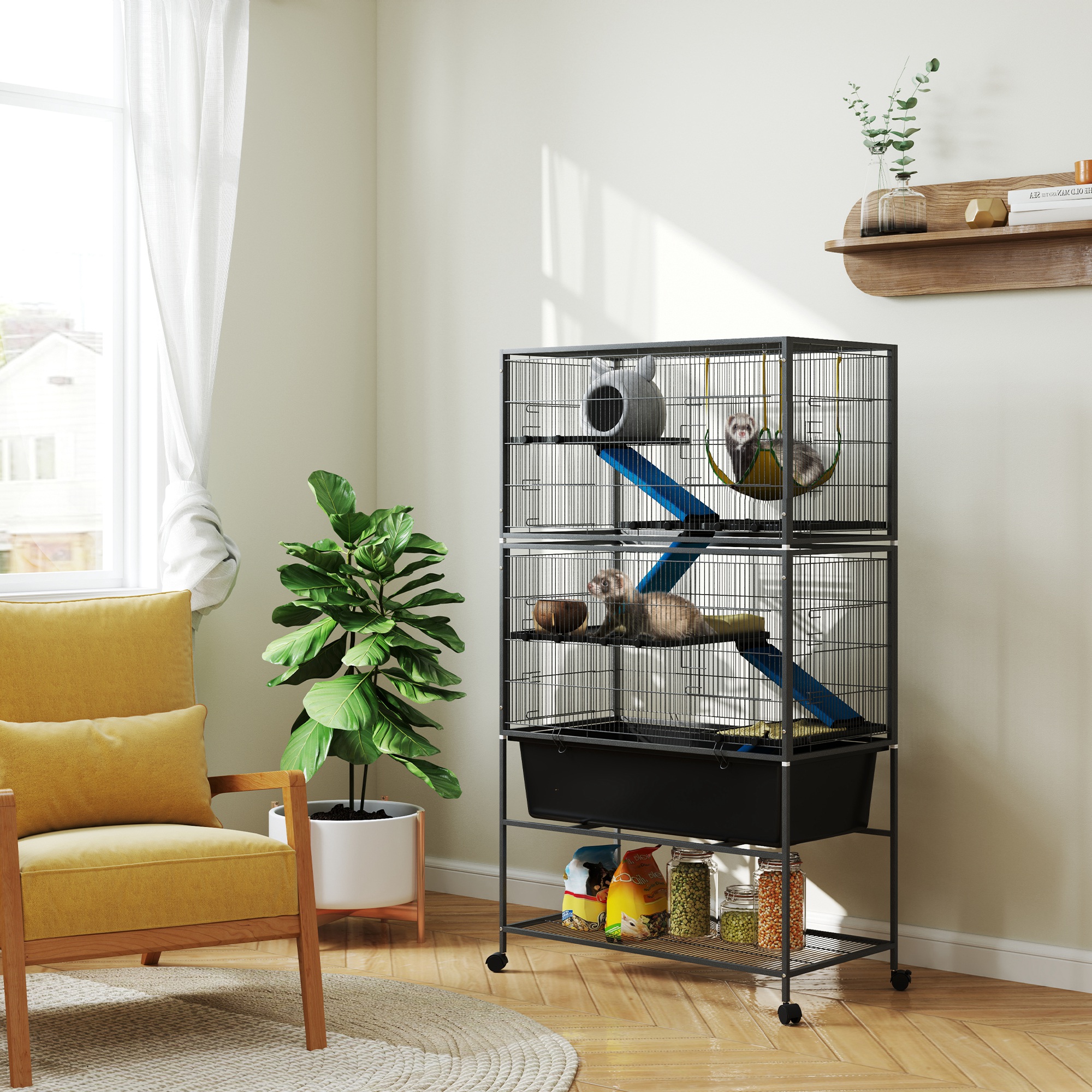 Kleintierkäfig, Haustierkäfig mit 5 Ebenen, Rutschfeste Rampen, Hängematte, 88 x 48 x 150,5 cm, Dunkelgrau