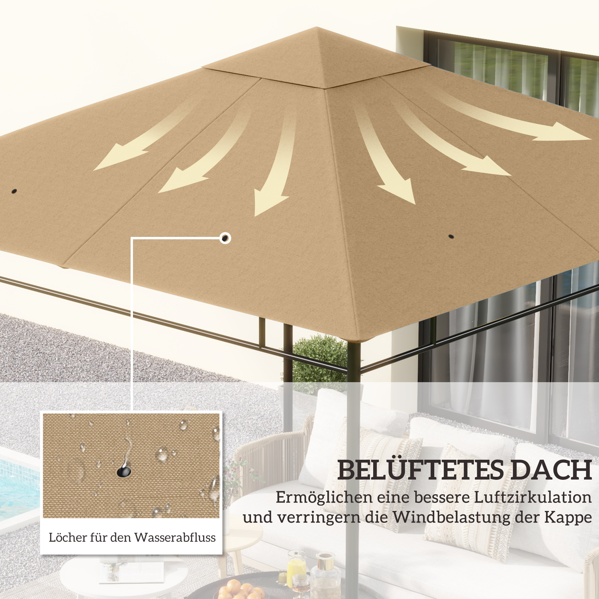 Ersatzdach für Gartenpavillon, Polyester, 2,98 x 2,95 m, Beige
