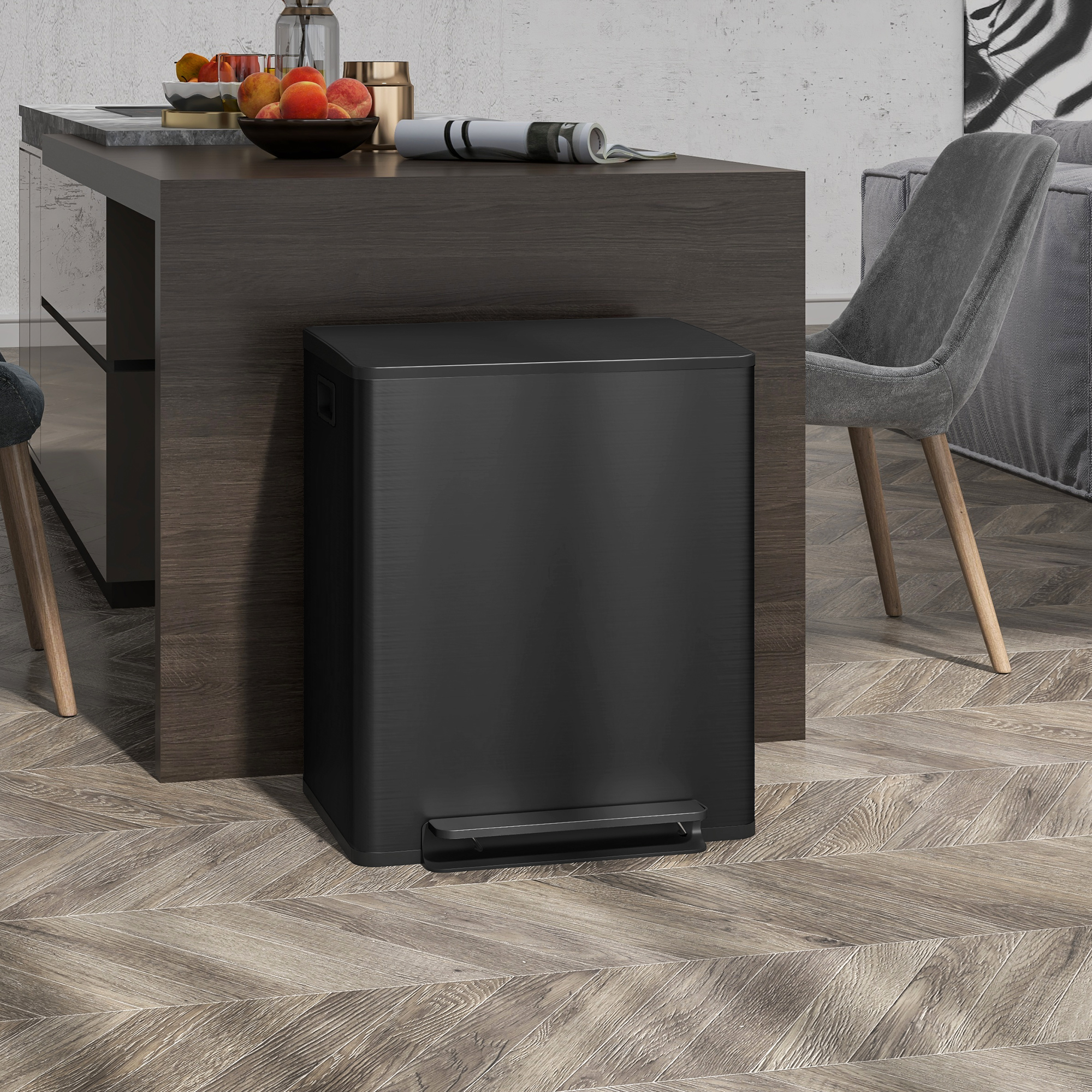 Mülleimer mit 2x25L Fächern, Soft-Close-Deckel, Fingerabdrucksicher, Edelstahl, Schwarz