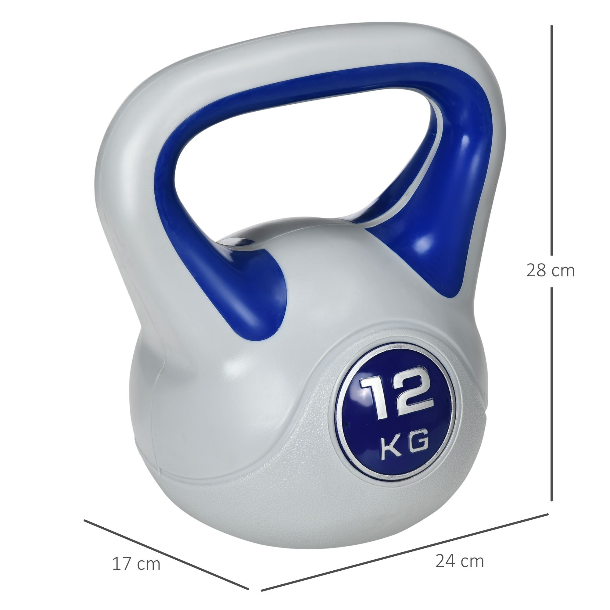 Kugelhantel, Kettlebell, 12 kg, flache Unterseite, großer Griff, Kunststoffmantel, blau, 24 x 17 x 28 cm