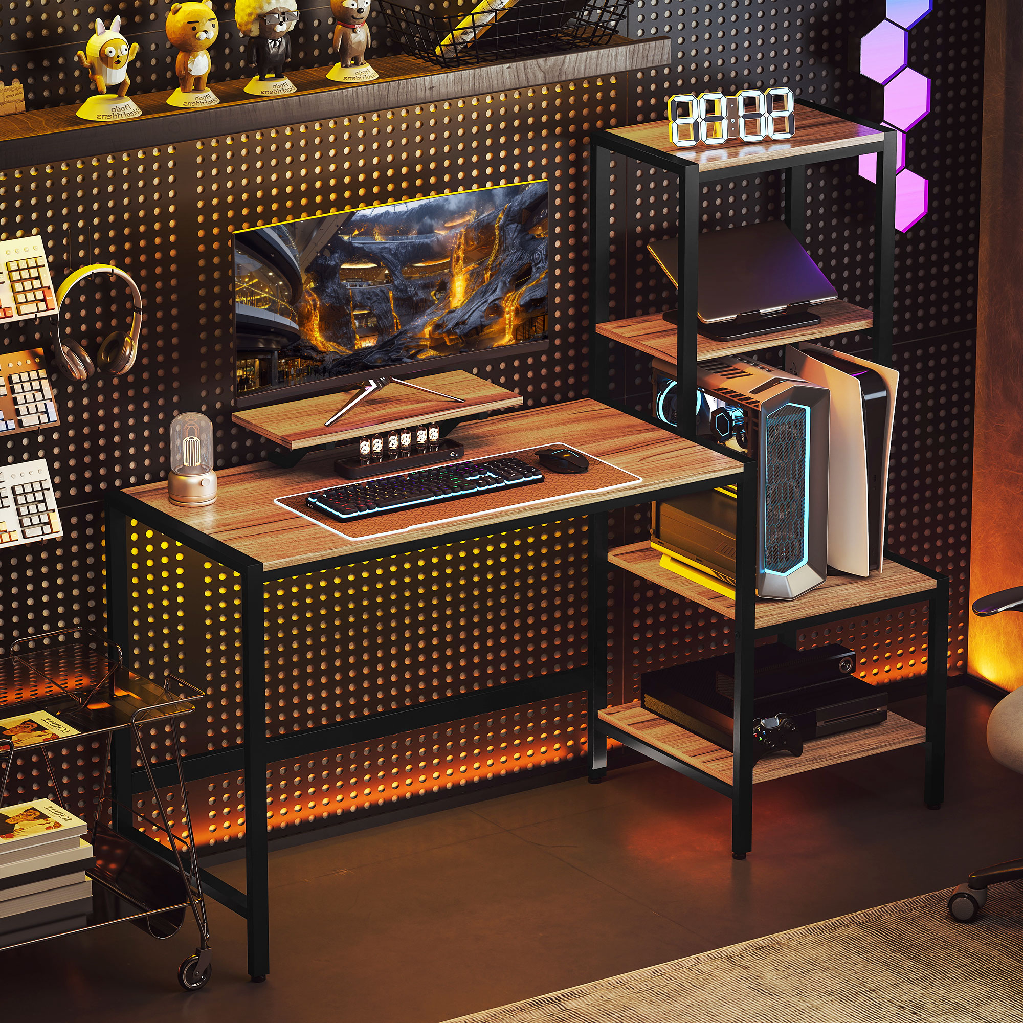 Computertisch mit Monitorständer, Schreibtisch mit 4-stufigem Regal, Industrielles Design, Braun