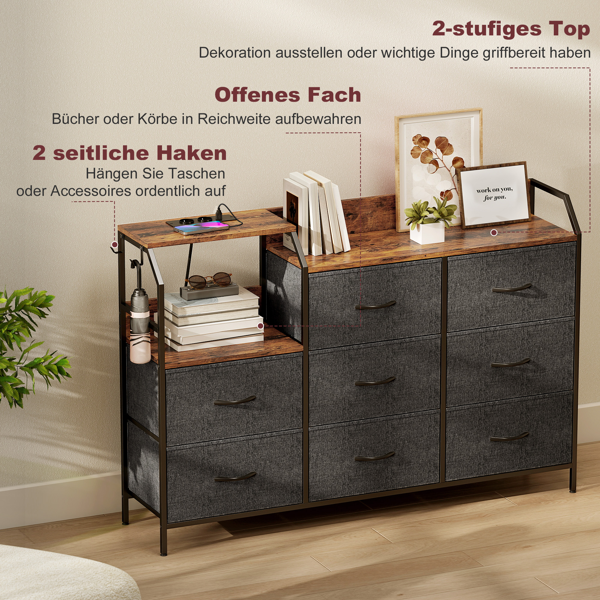 Kommode mit 8 Stoffschubladen, Stahlrahmen, Ladestation, Rustikal-Braun+Schwarz