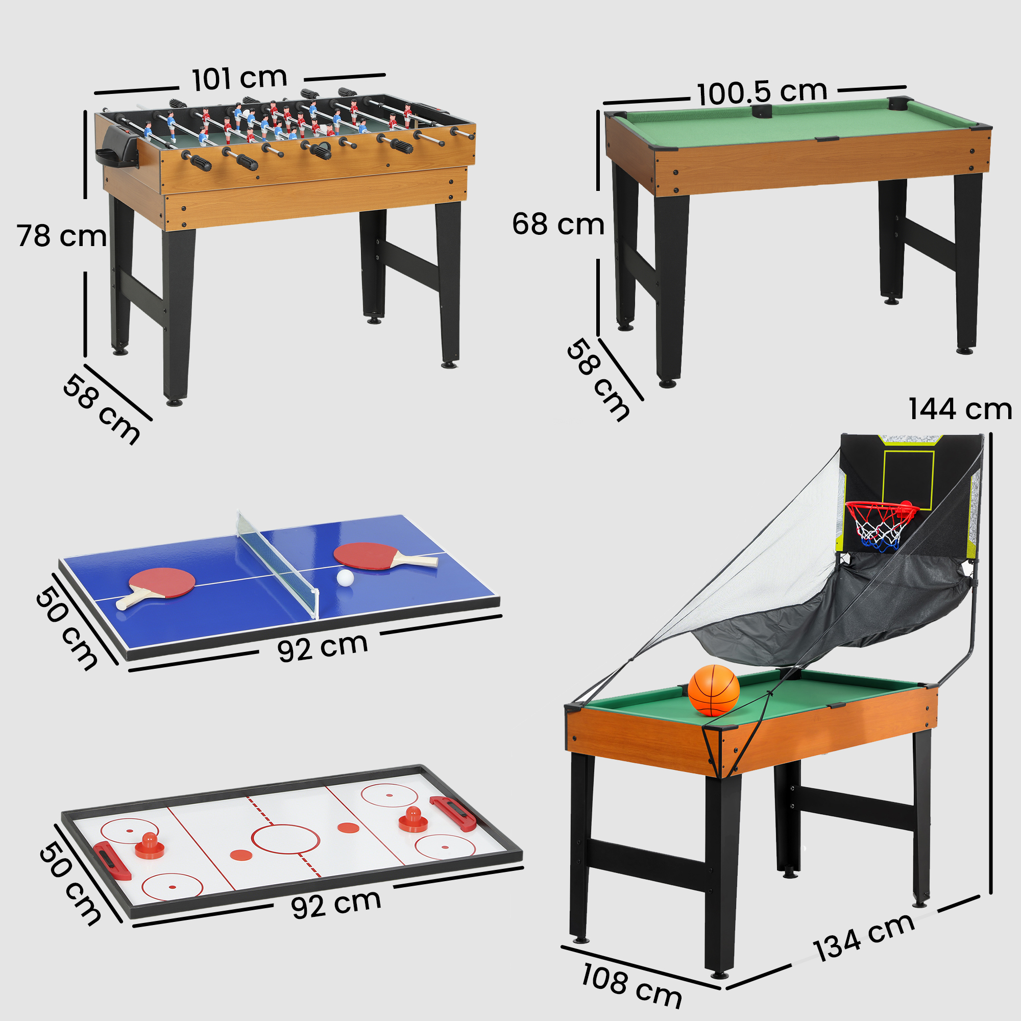 5-in-1 Multispiel-Tisch, 53 Zubehör-Teile, Tischfußball, Tischhockey , Tischtennis, Billard, Basketball, Walnuss