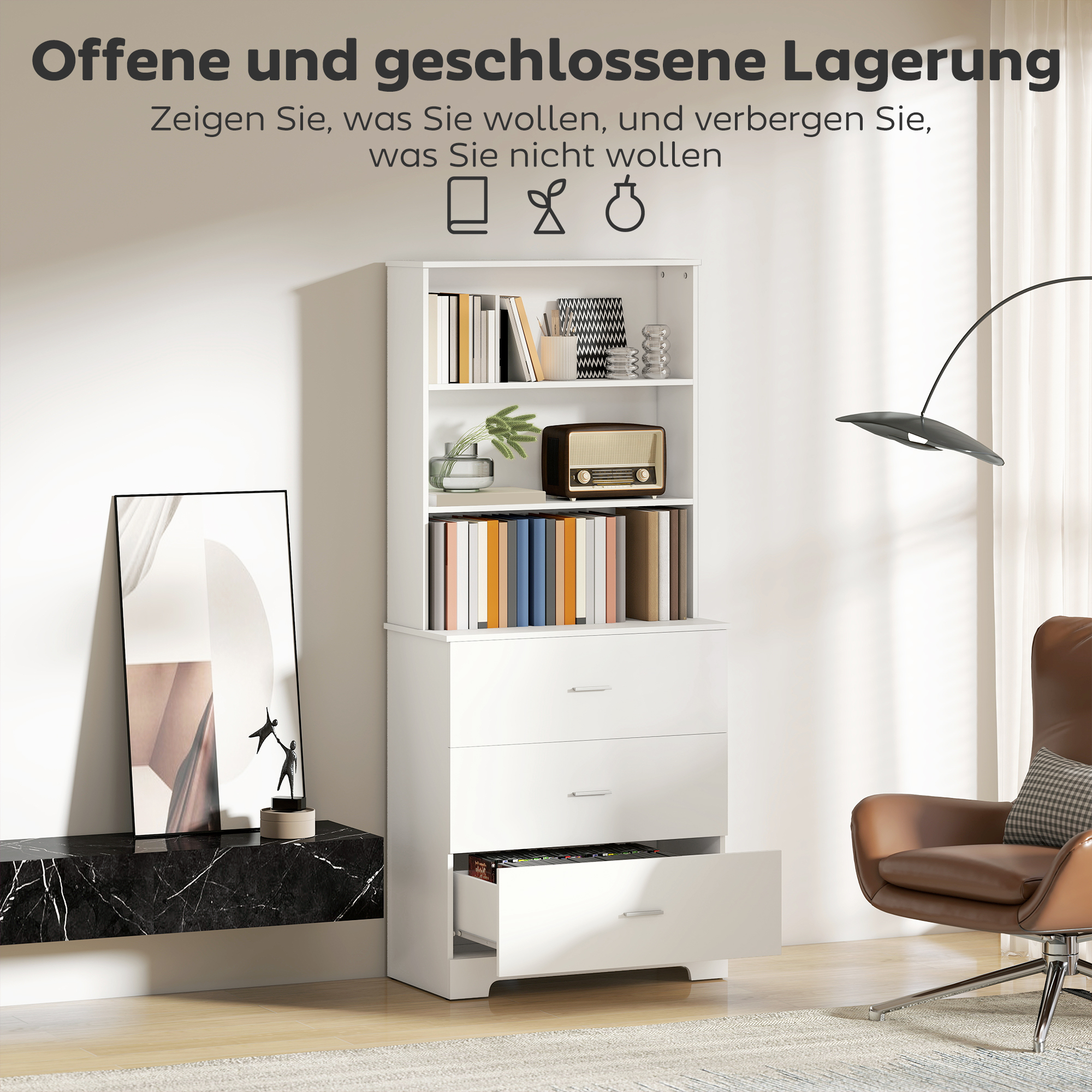 Bücherschrank Hochschrank Vitrinenschrank mit 3 Schubladen, 3 offen Regalen, für Wohnzimmer Küche, 79x39,5x180 cm, Weiß