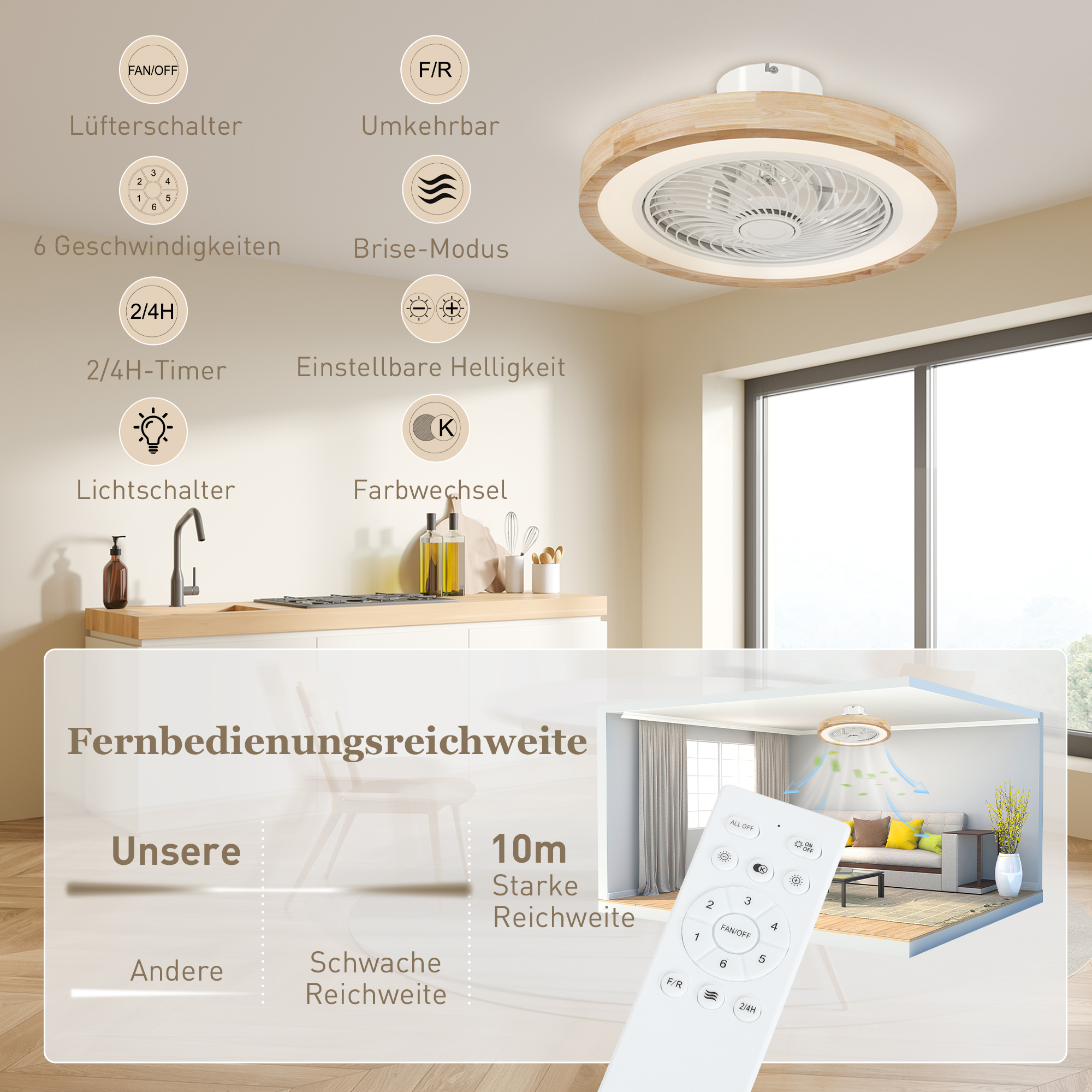 Deckenventilator mit Lampe und Fernbedienung, 6 Geschwindigkeiten, einstellbare Helligkeit, leiser Motor, Hellbraun