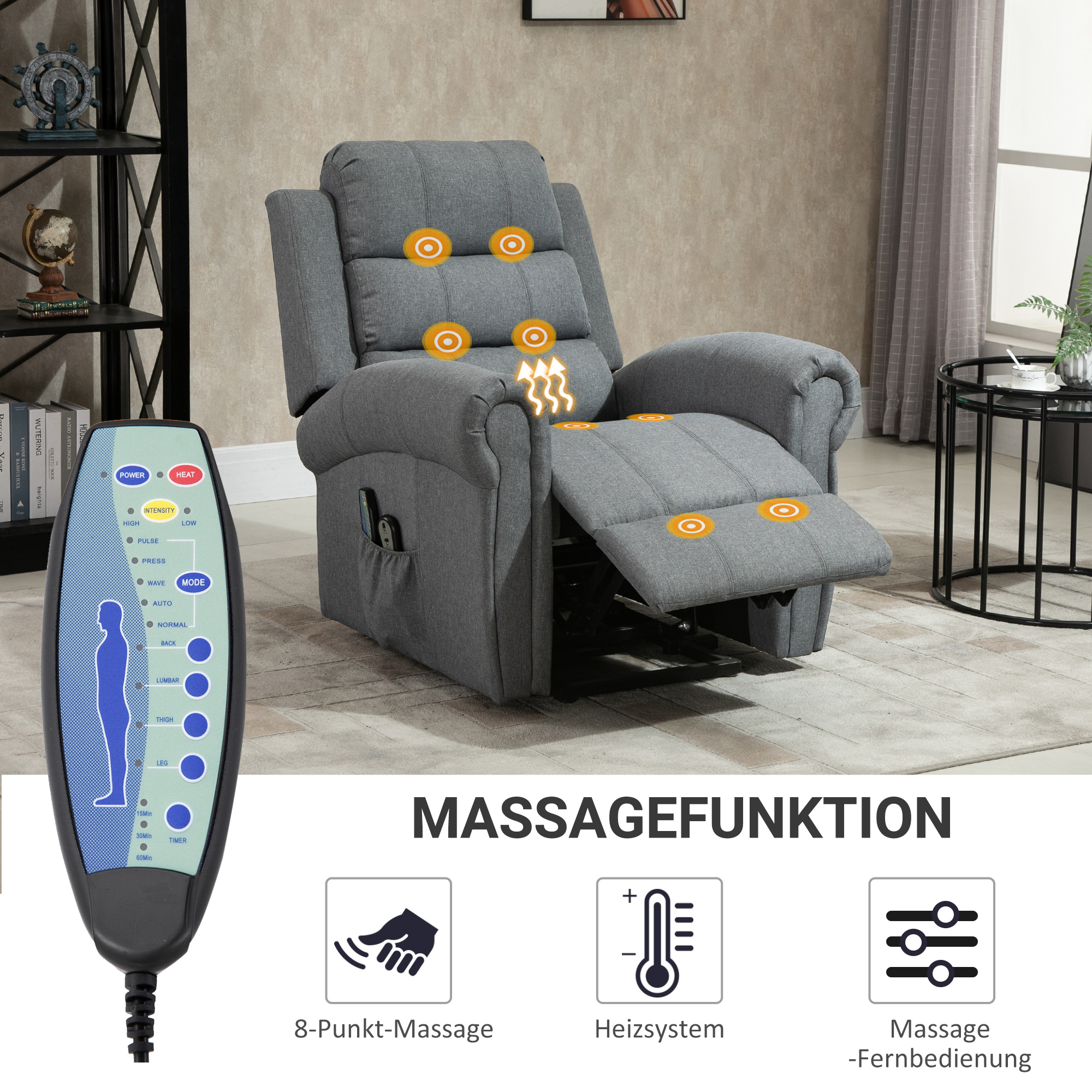 elektrischer Aufstehsessel Massagesessel mit Wärmefunktion Sessel mit Aufstehhilfe relaxsessel mit Fernbedienung Leinen Grau 90 x 91 x 106 cm