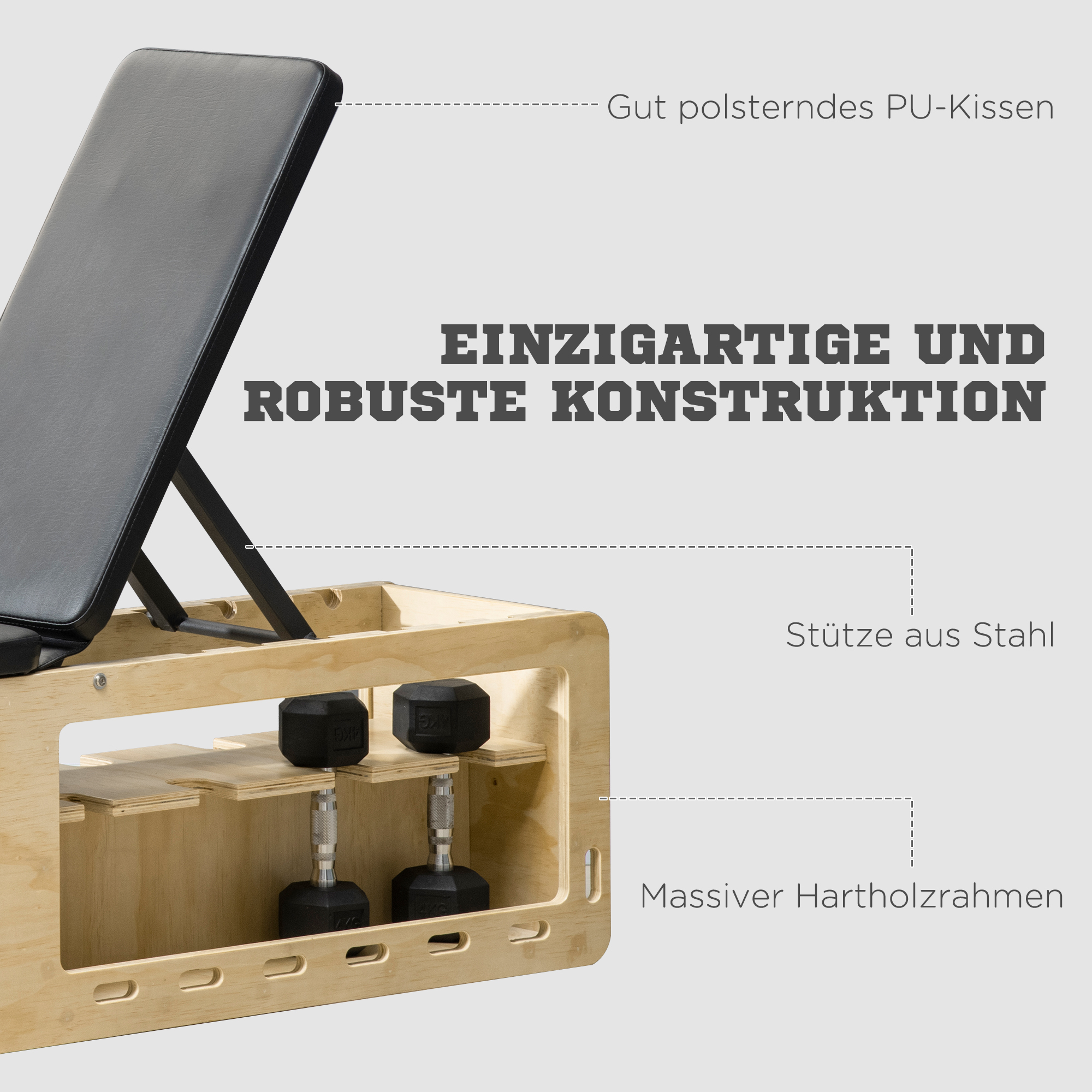Hantelbank mit Hantelablage, 1 Aufbewahrungskorb, in 6 Positionen verstellbar, Massivholz, Natur + Schwarz