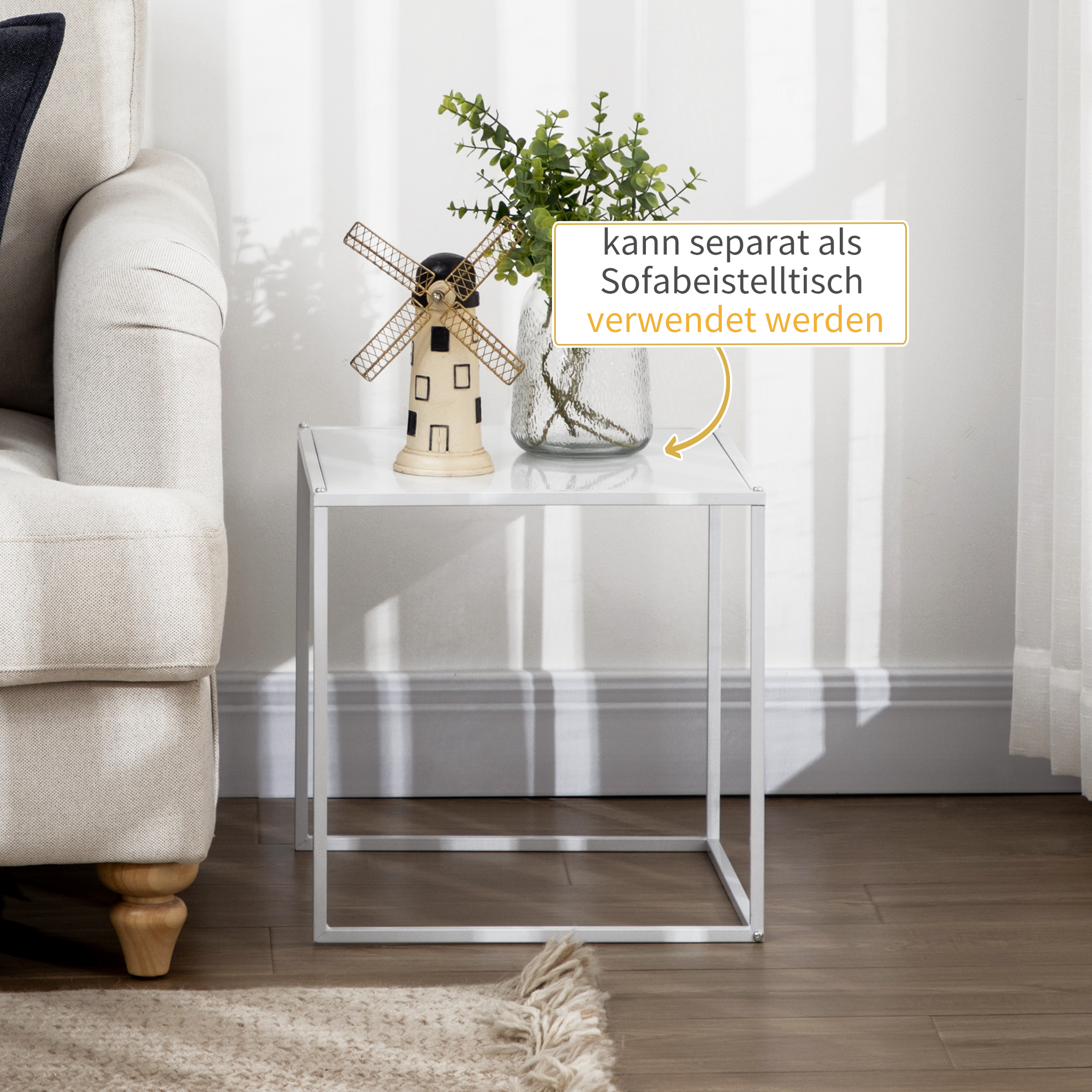 Beistelltisch-Set, moderne Satztische, platzsparend, stabiler Stahlrahmen, Weiß