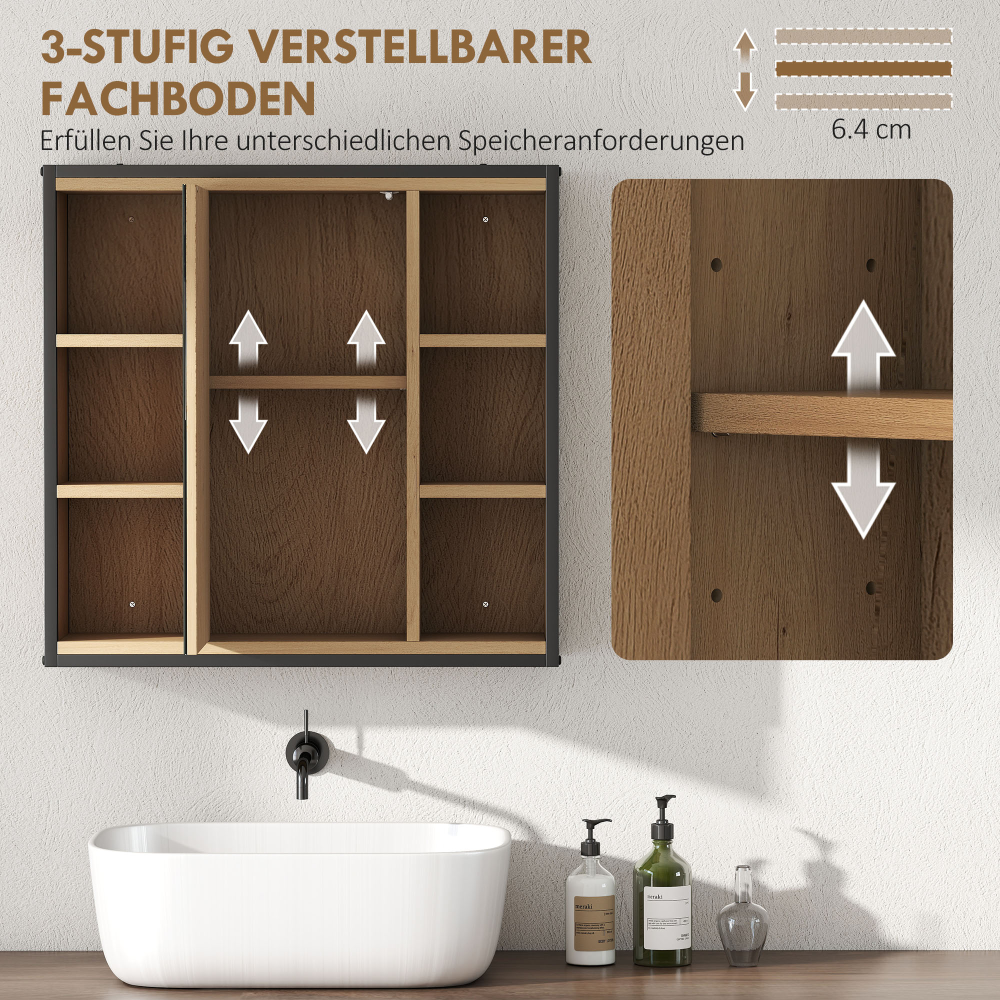 Badezimmer-Spiegelschrank, 6 offene Fächer, 3-stufiges Regal, Wandmontage, Eiche