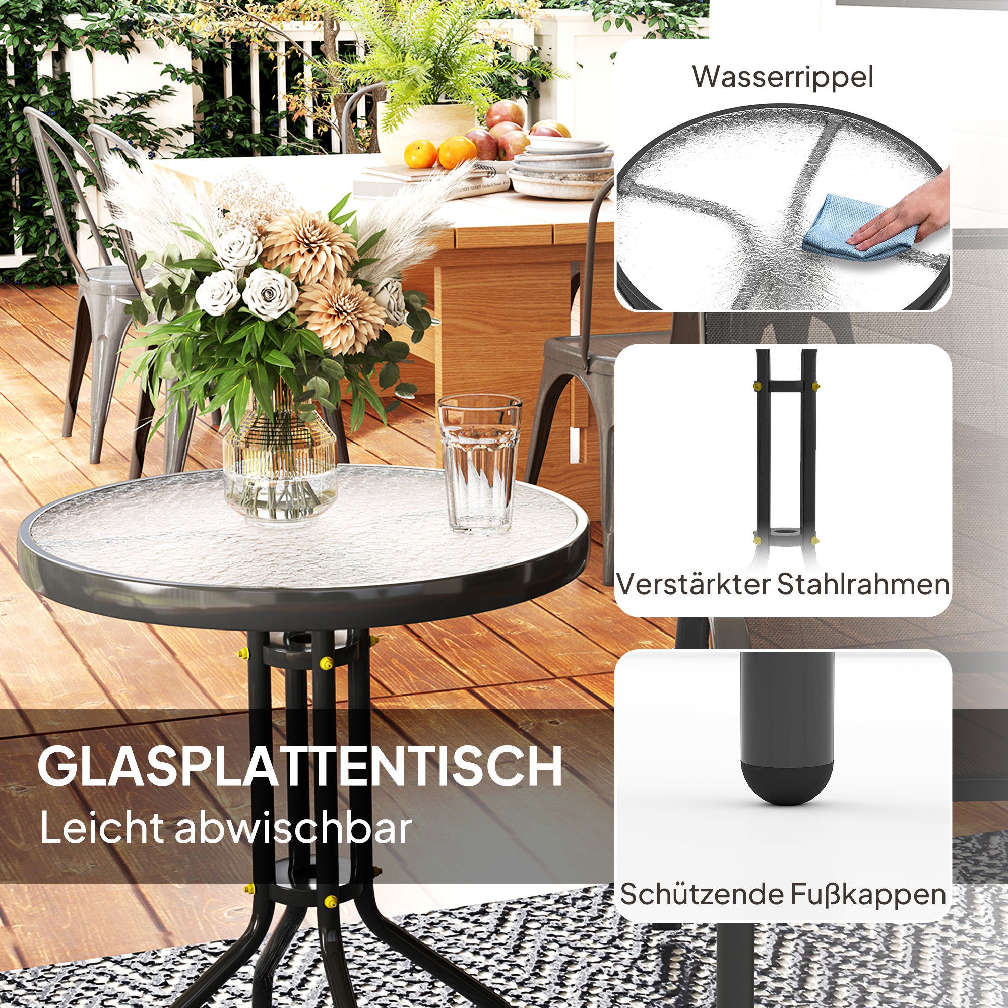 Bistro-Set 3-teilig Wetterfest Gartenmöbel Set mit Glastisch Stapelbare Gartenstühlen Schwarz