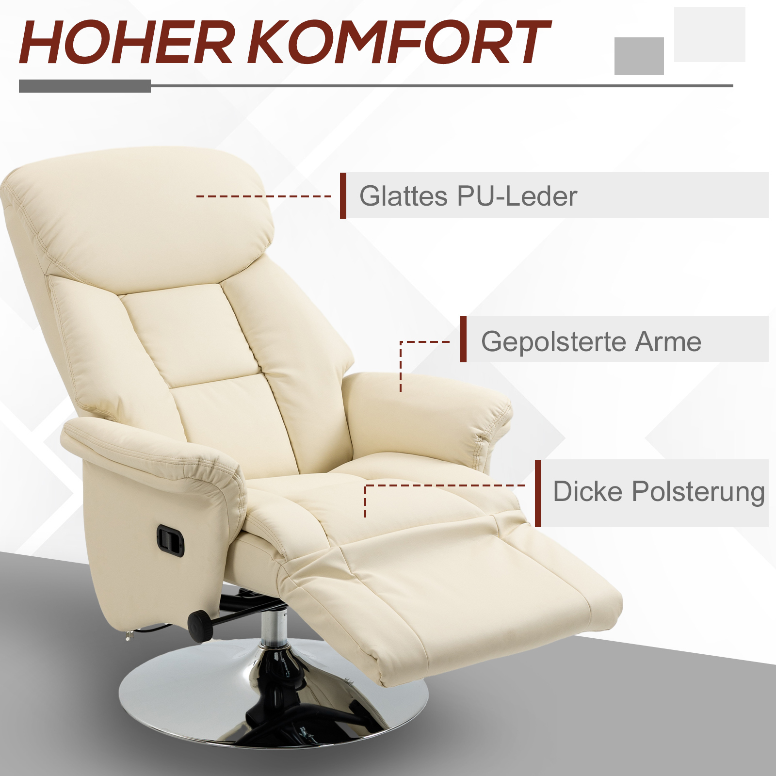 Relaxsessel, Liegefunktion, Lederoptik, Fußstütze, bis 150 kg, 78 x 80 x 109 cm, Creme