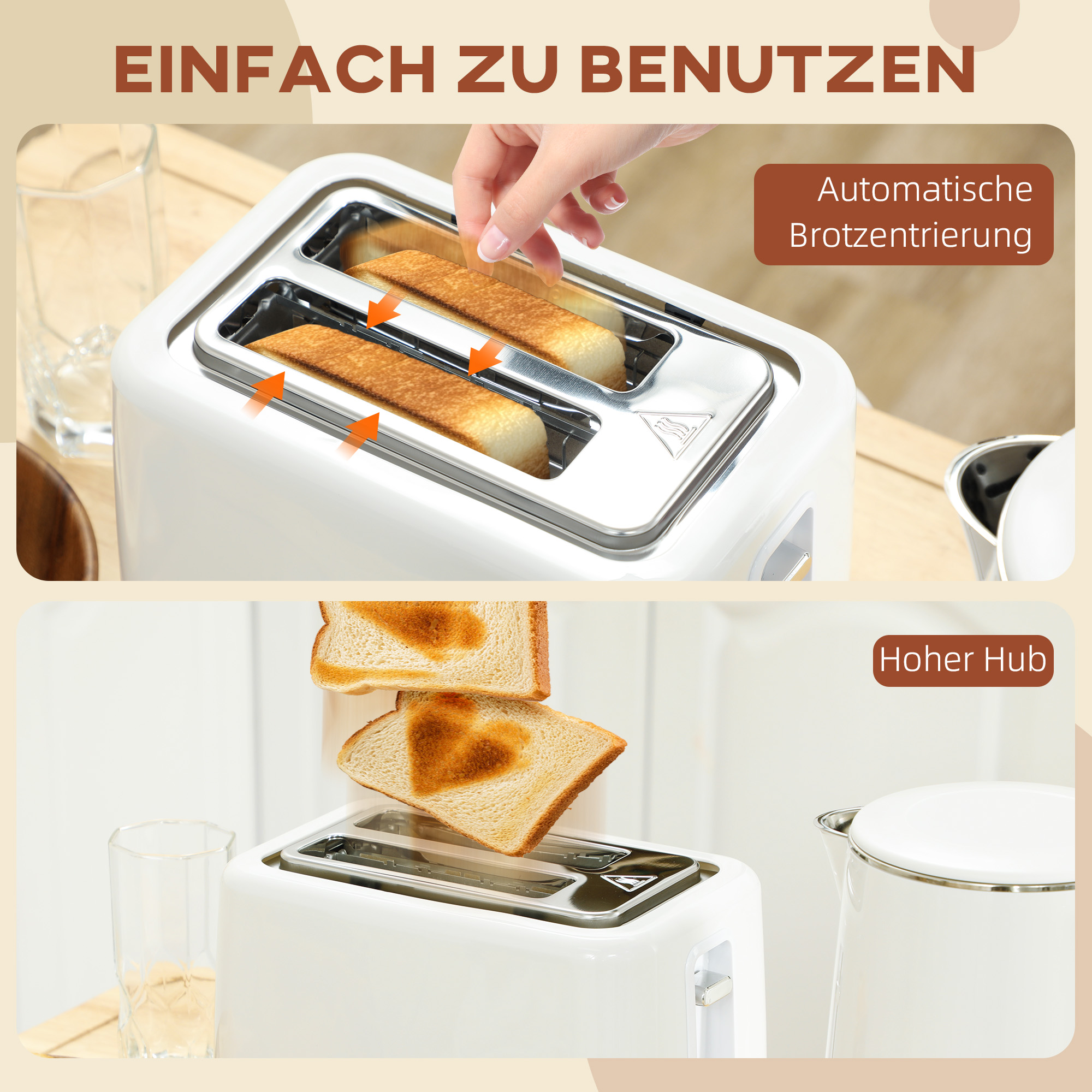 Küchenset mit Wasserkocher und Toaster, 7 Bräunungsstufen, schnelles Kochen, Edelstahl, Kunststoff, Weiß