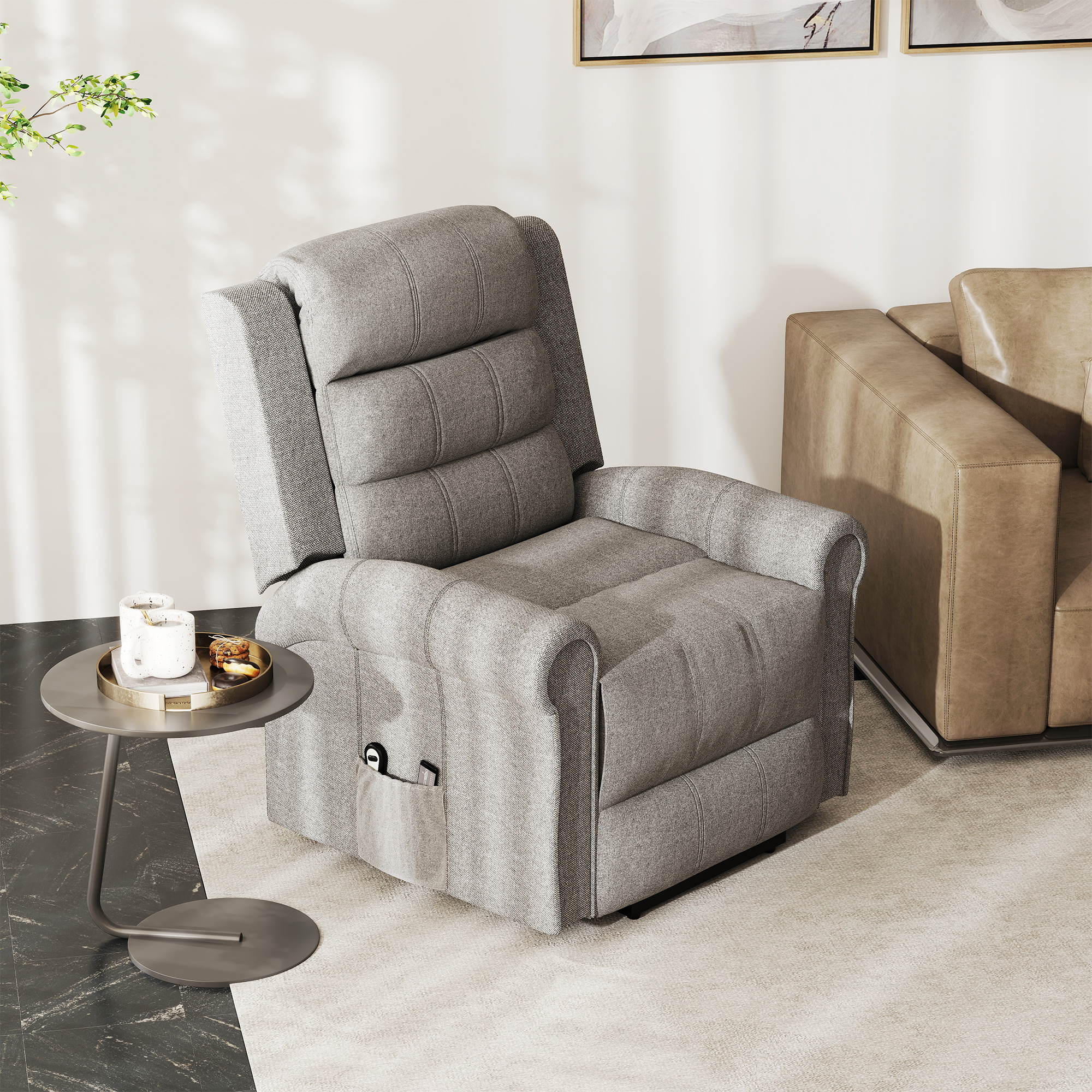 elektrischer Aufstehsessel Massagesessel mit Wärmefunktion Sessel mit Aufstehhilfe relaxsessel mit Fernbedienung Leinen Grau 90 x 91 x 106 cm