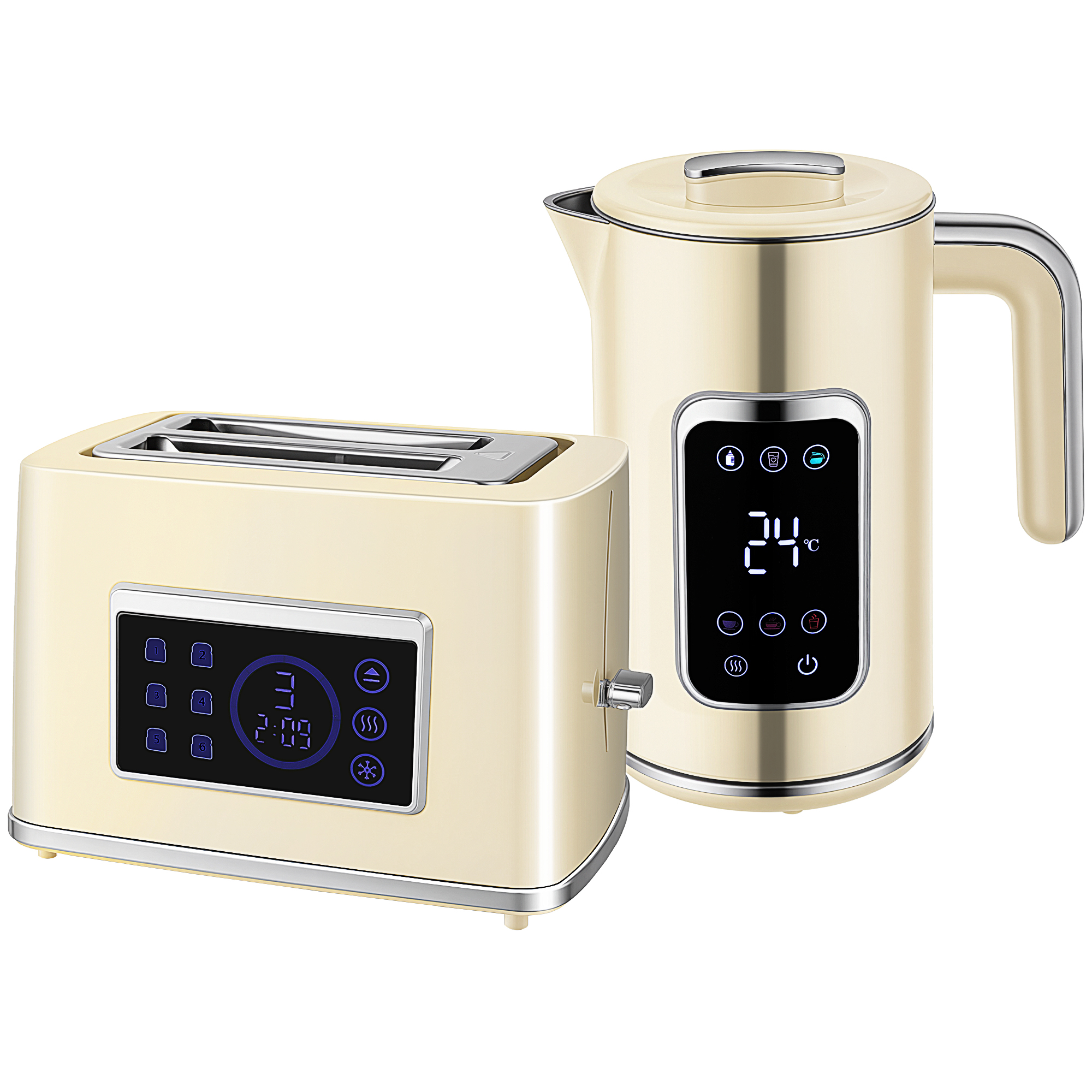 Wasserkocher und Toaster-Set mit LED-Touchscreen, 1,7 L, 2 Toasterschlitze, verschiedene Modi und Funktionen, Cremeweiß