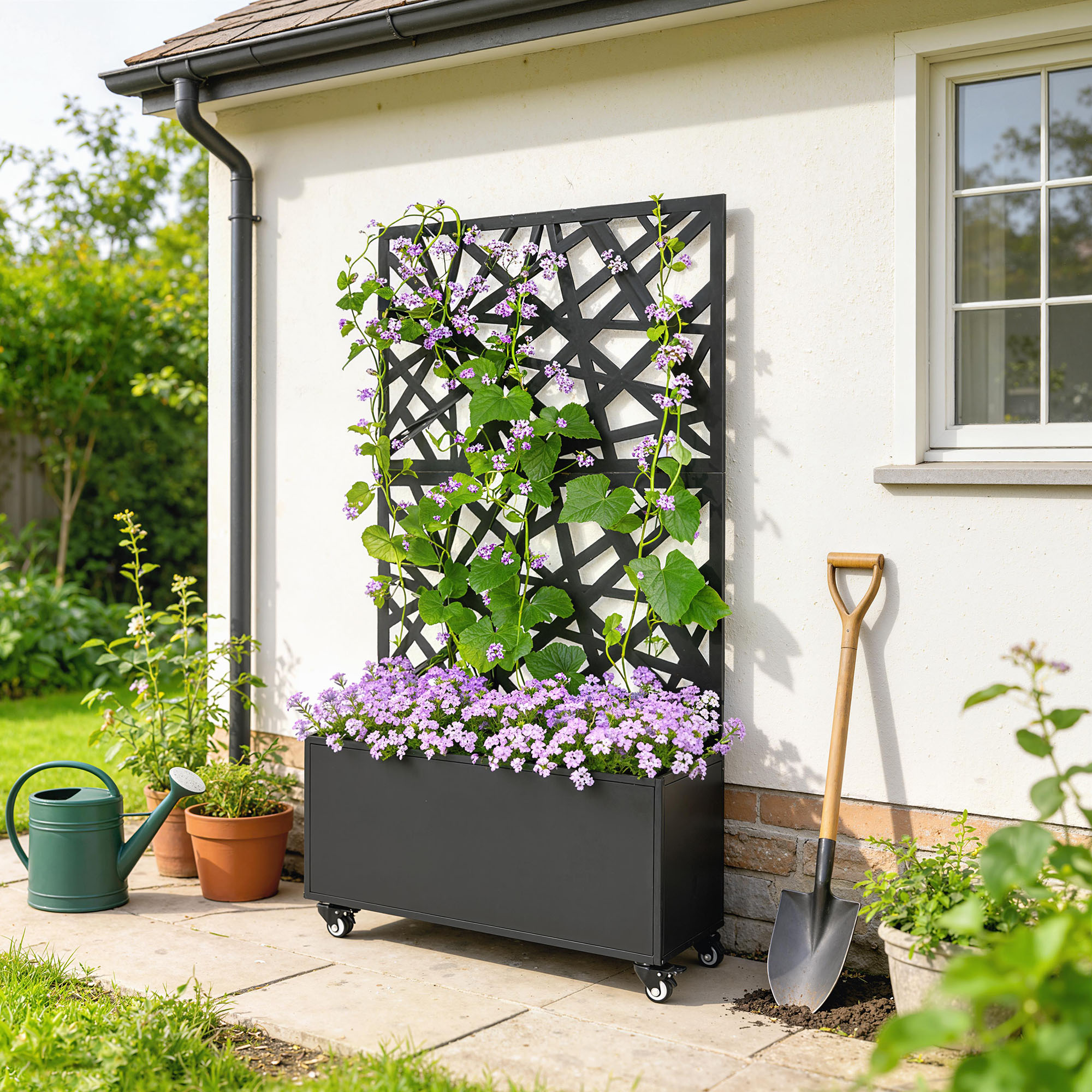 Blumenkasten mit Sichtschutz Pflanzkasten mit Rolle Rankgitter 90 x 30 x 160 cm Metall Schwarz