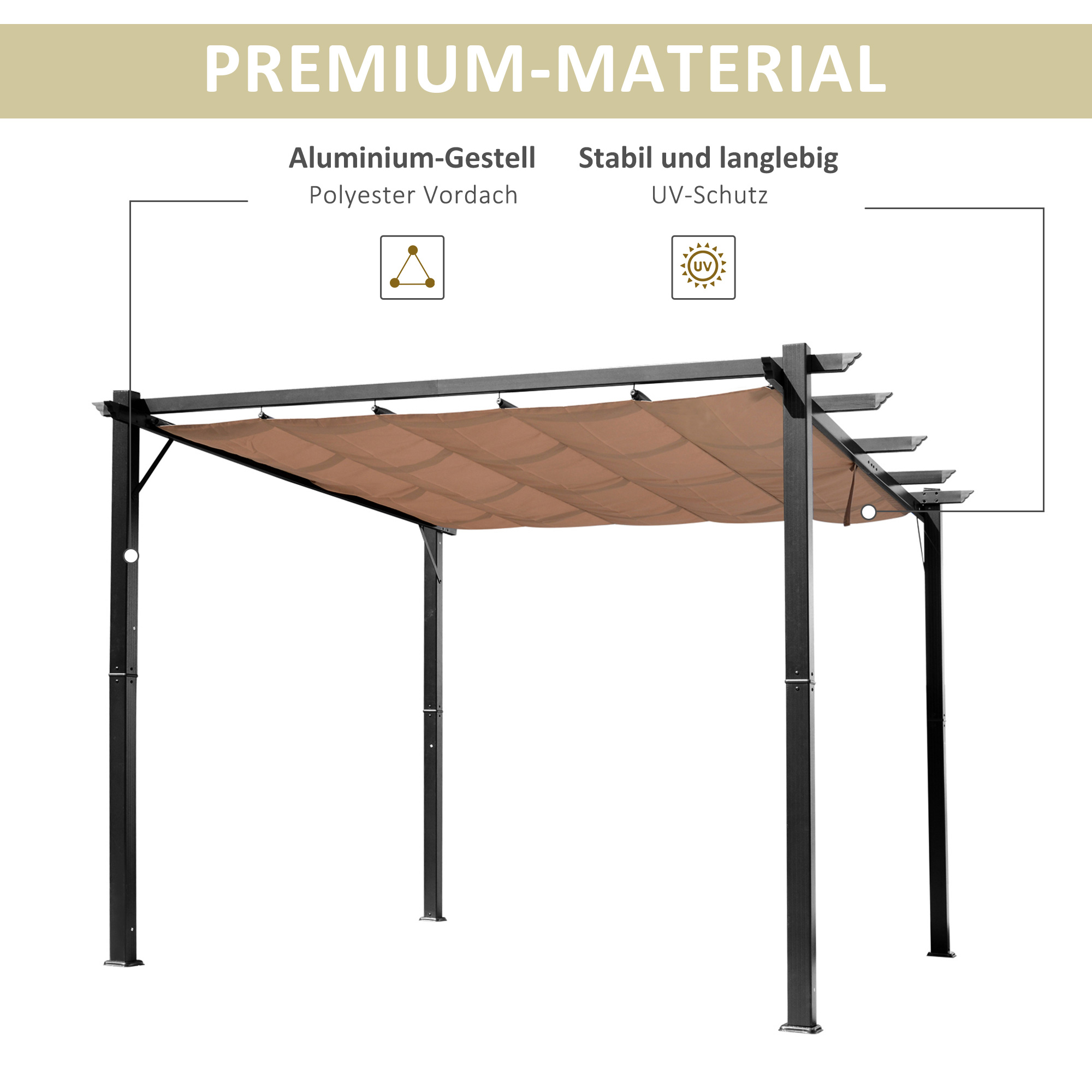 Pergola Pavillon mit einstellbarem Stoffdach 3 x 4 m Terrassen-Vordach Aluminium Sonnenschutz Überdachung Terrasse Garten Grau+Braun