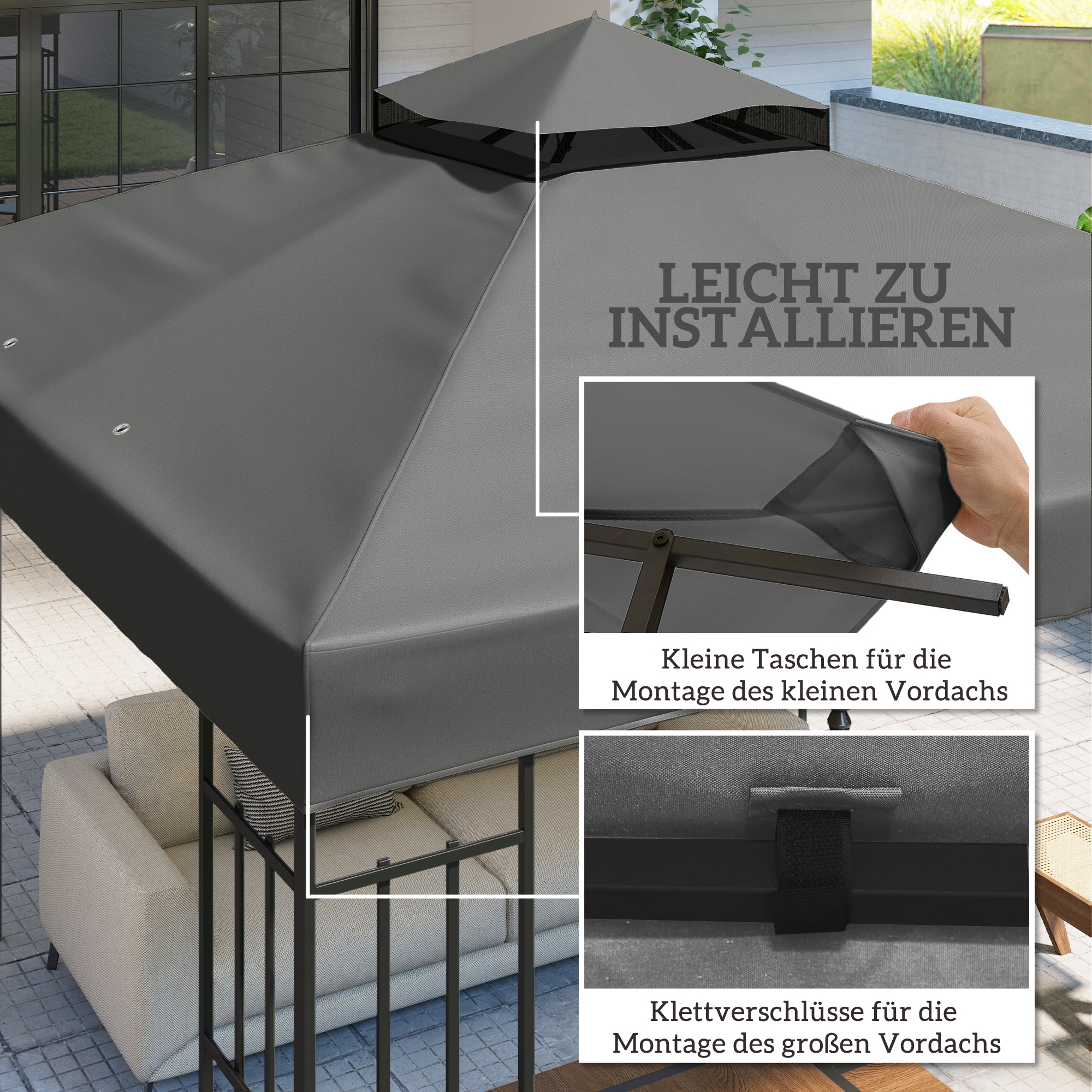 3 x 3 m Ersatzdach für Pavillon, Pavillon-Ersatzplane mit Wasserablauf-Löchern, UPF30+, Sonnenschutz, Dunkelgrau